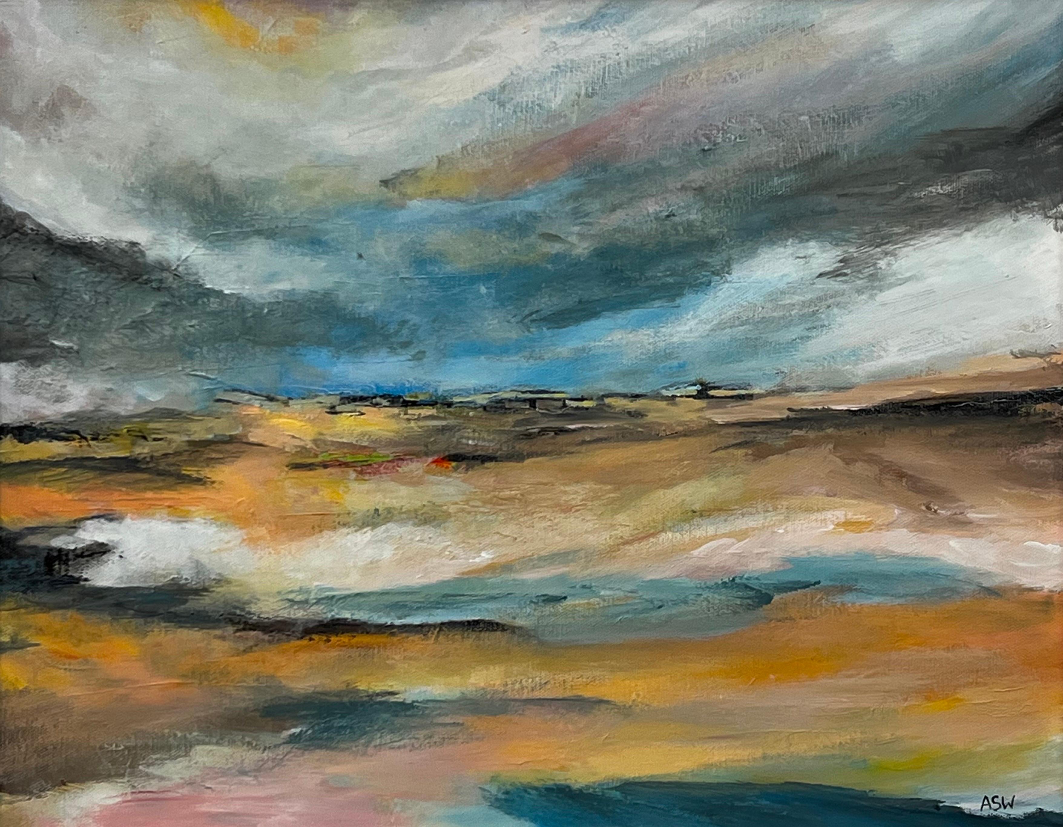 Atmospheric Abstract Landscape Seascape Art of England using Blue & Warm Yellows by Contemporary British Artist, Angela Wakefield. Entitled 'Serenity #07', this atmospheric painting depicts an imagined desolate moorland scene using muted pastel