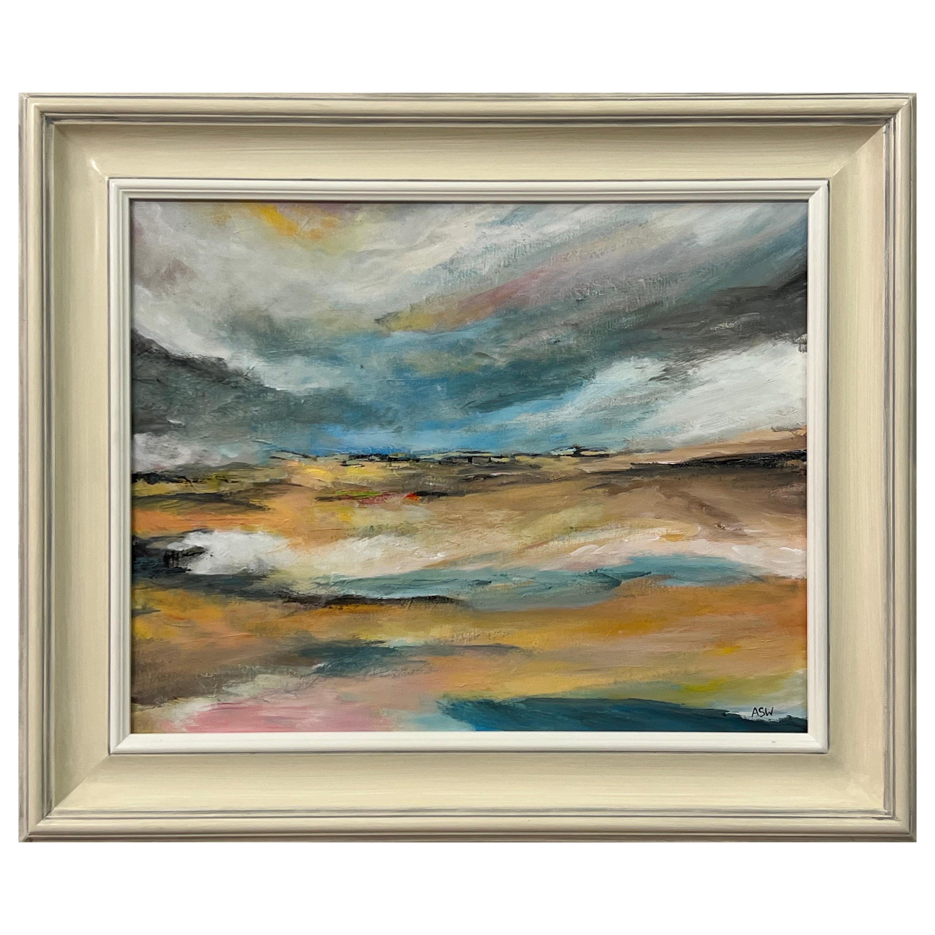 Abstract Painting Angela Wakefield - Paysage atmosphérique abstrait Paysage marin Art de l'Angleterre en utilisant le bleu et le jaune chaud