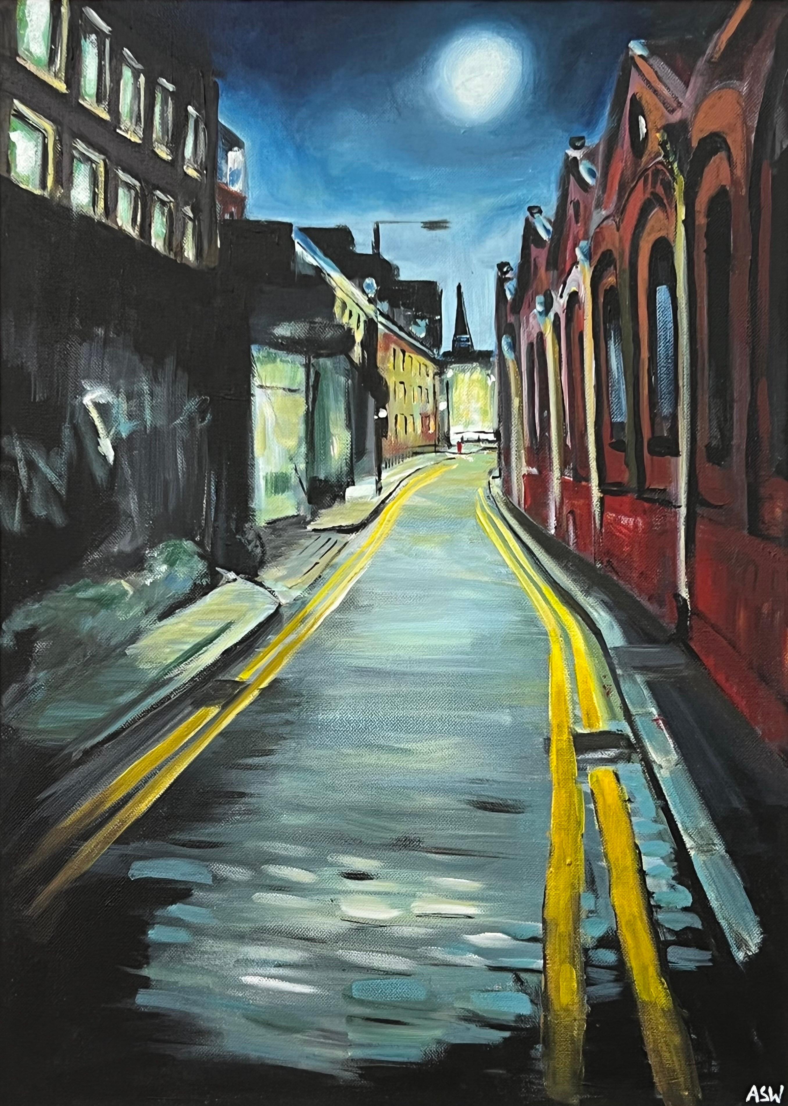 Peinture atmosphérique d'une rue à Whitechapel, Londres, par un artiste britannique en vente 7