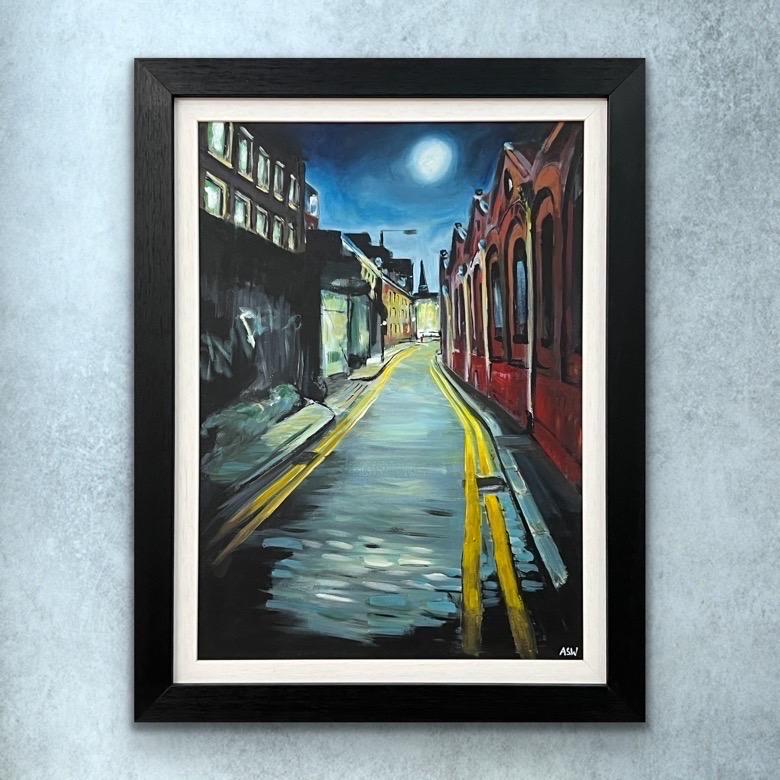 Stimmungsvolles Gemälde einer Straße in der Gunthorpe Street in Whitechapel in der Londoner City. Ein einzigartiges Original der zeitgenössischen britischen Künstlerin Angela Wakefield.

Kunst misst 16 x 22 Zoll
Rahmen misst 21 x 27 Zoll 

Angela