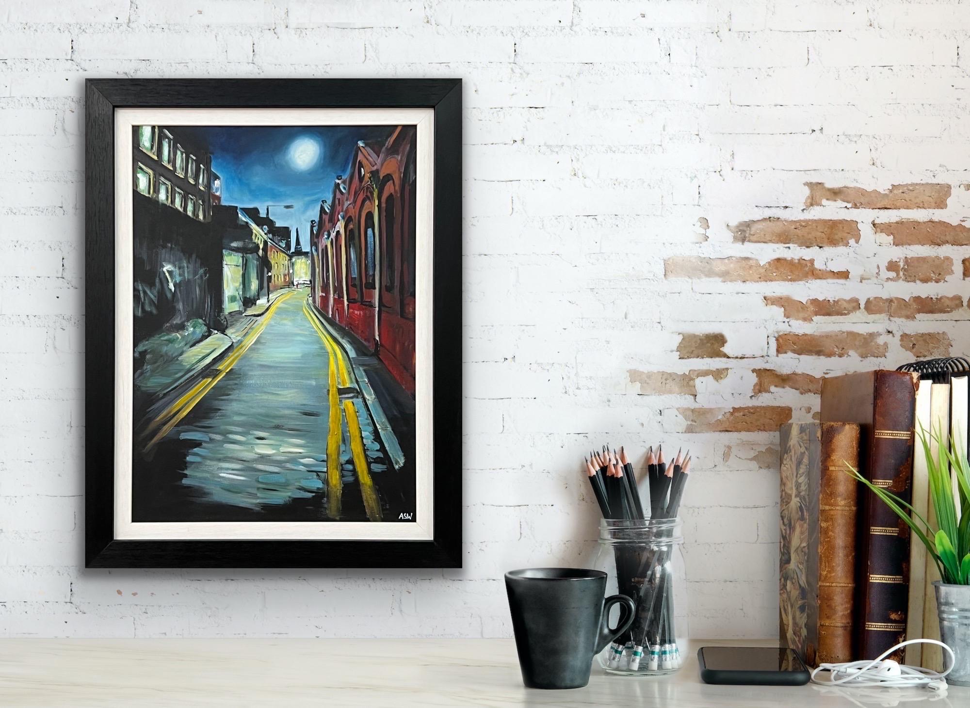 Peinture atmosphérique d'une rue à Whitechapel, Londres, par un artiste britannique en vente 2