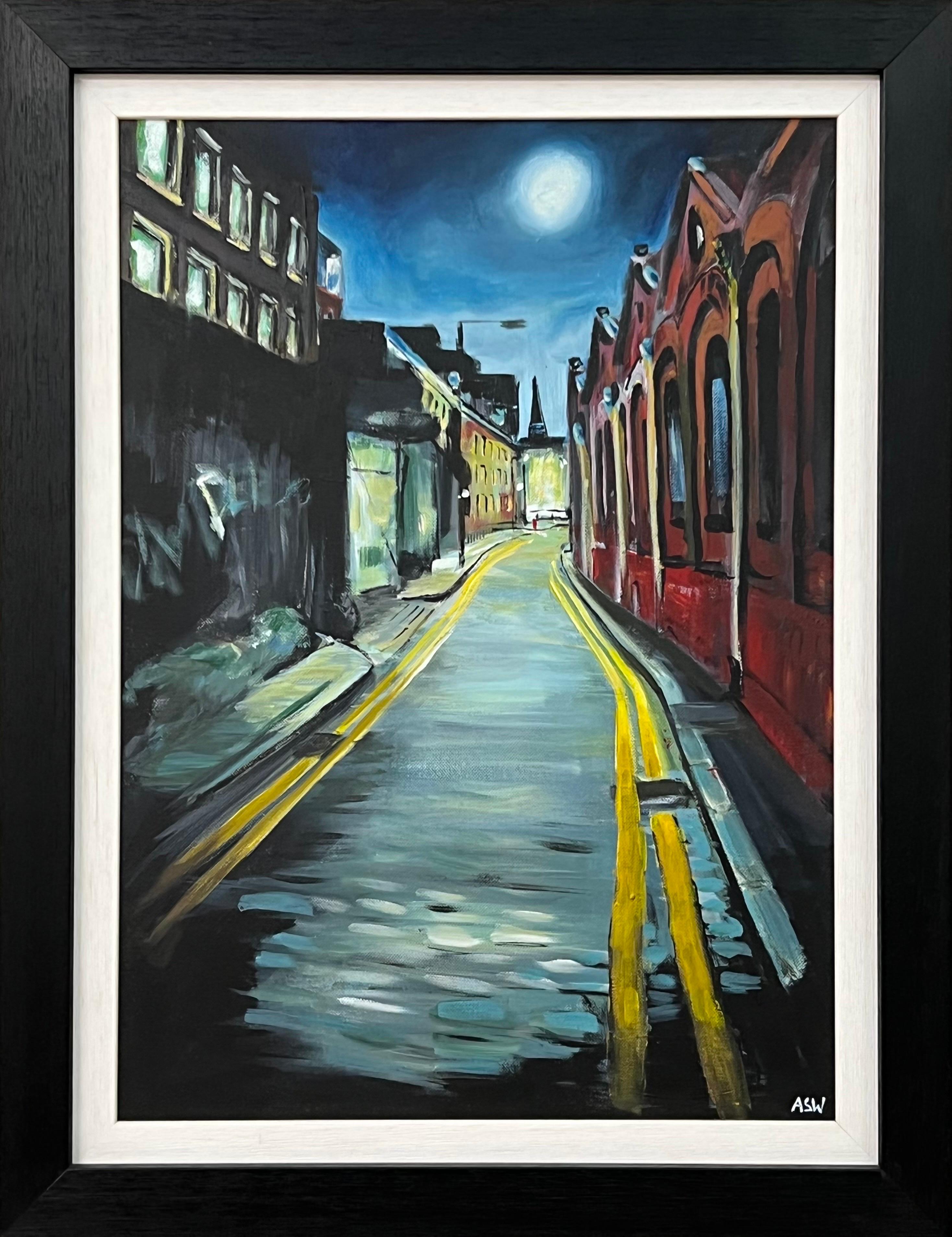 Pittura d'atmosfera di una strada di Whitechapel a Londra realizzata da un artista britannico - Mixed Media Art di Angela Wakefield
