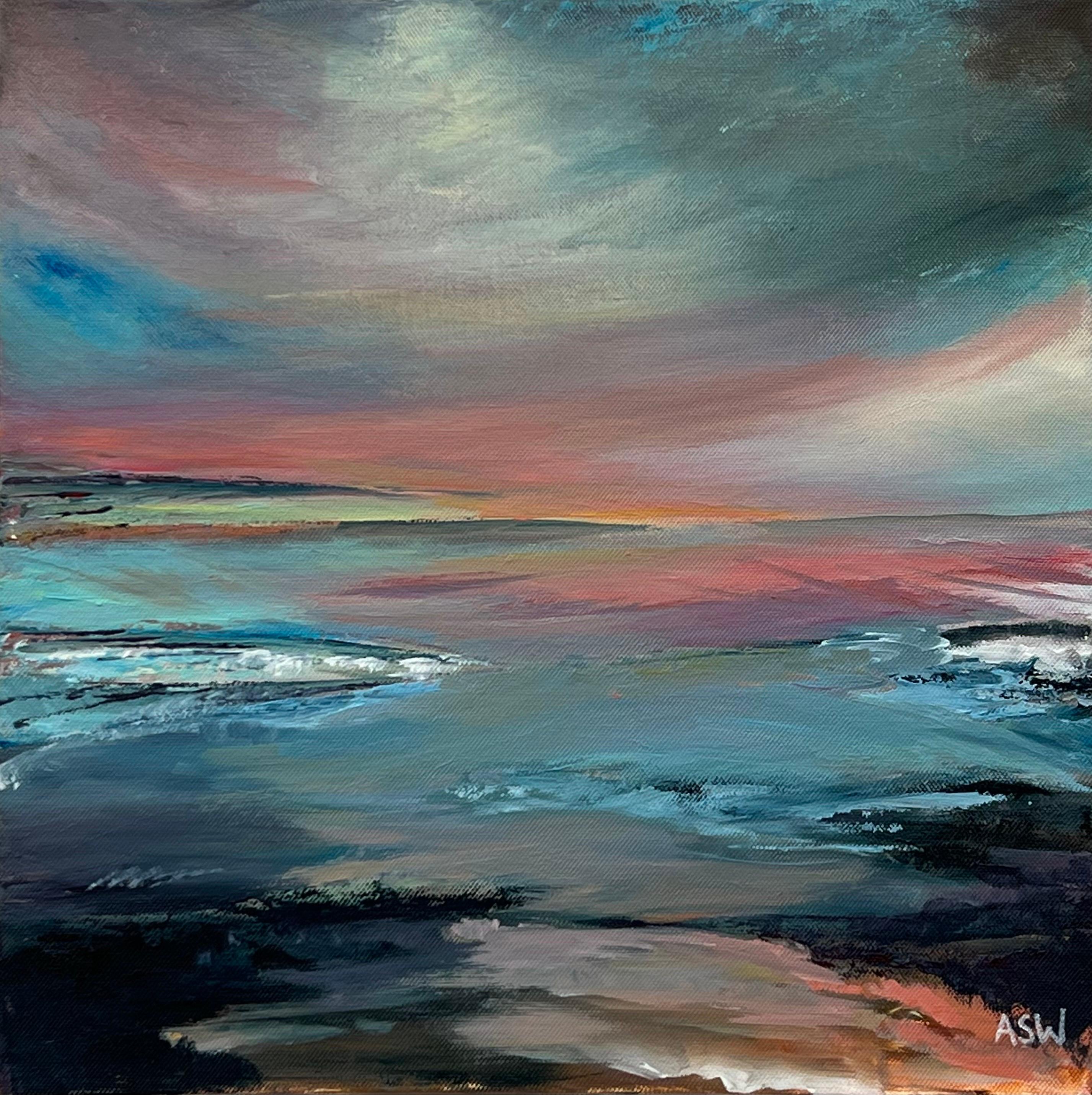 Atmospheric Pink & Blue Seascape Landscape Art by Contemporary British Artist For Sale 8