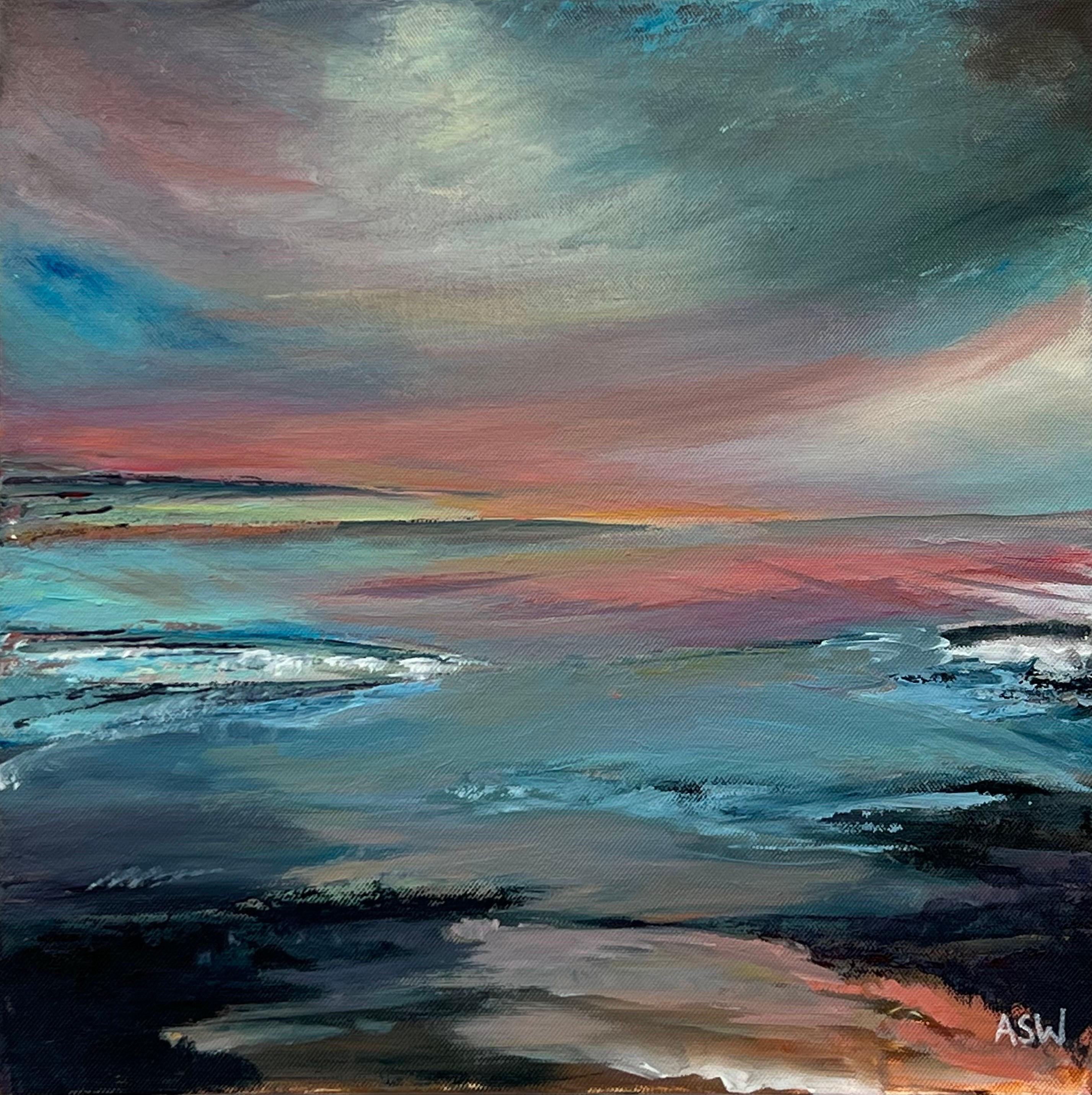 Atmosférico paisaje marino rosa y azul de un artista británico contemporáneo en venta 7