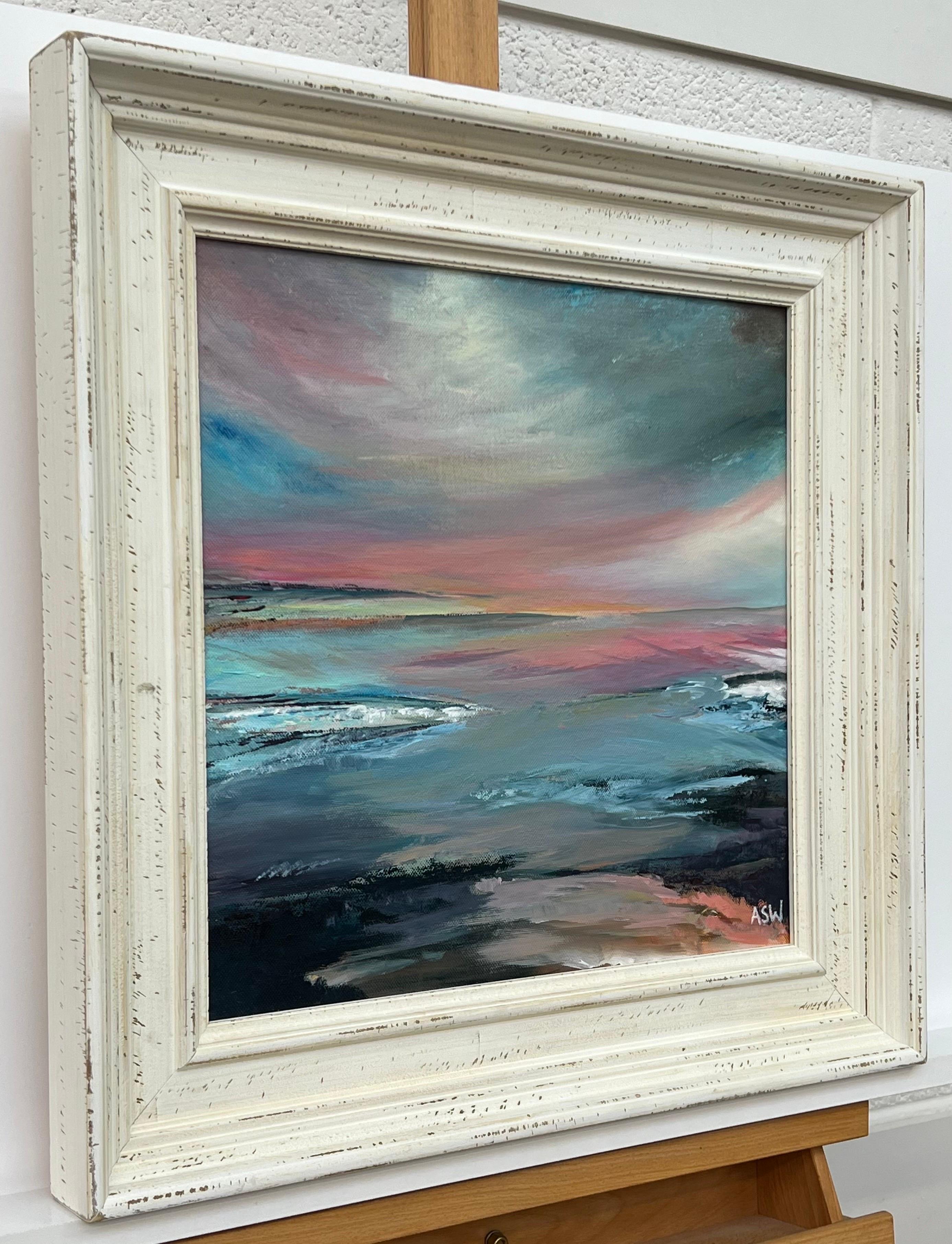 Atmospheric Pink & Blue Seascape Landscape Art by Contemporary British Artist - Painting by Angela Wakefield