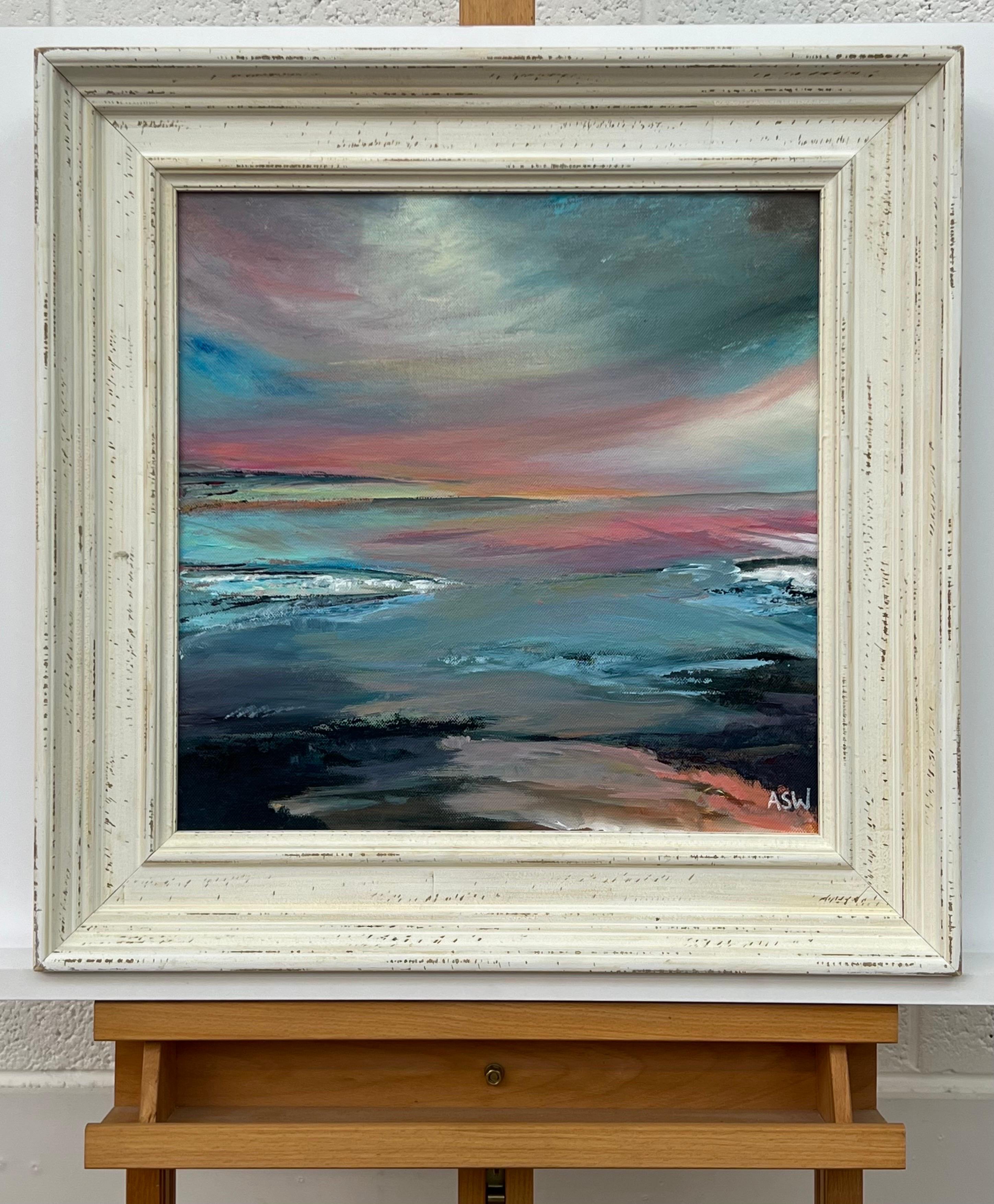 Atmospheric Pink & Blue Seascape Landscape Art by Contemporary British Artist - Abstract Expressionist Painting by Angela Wakefield