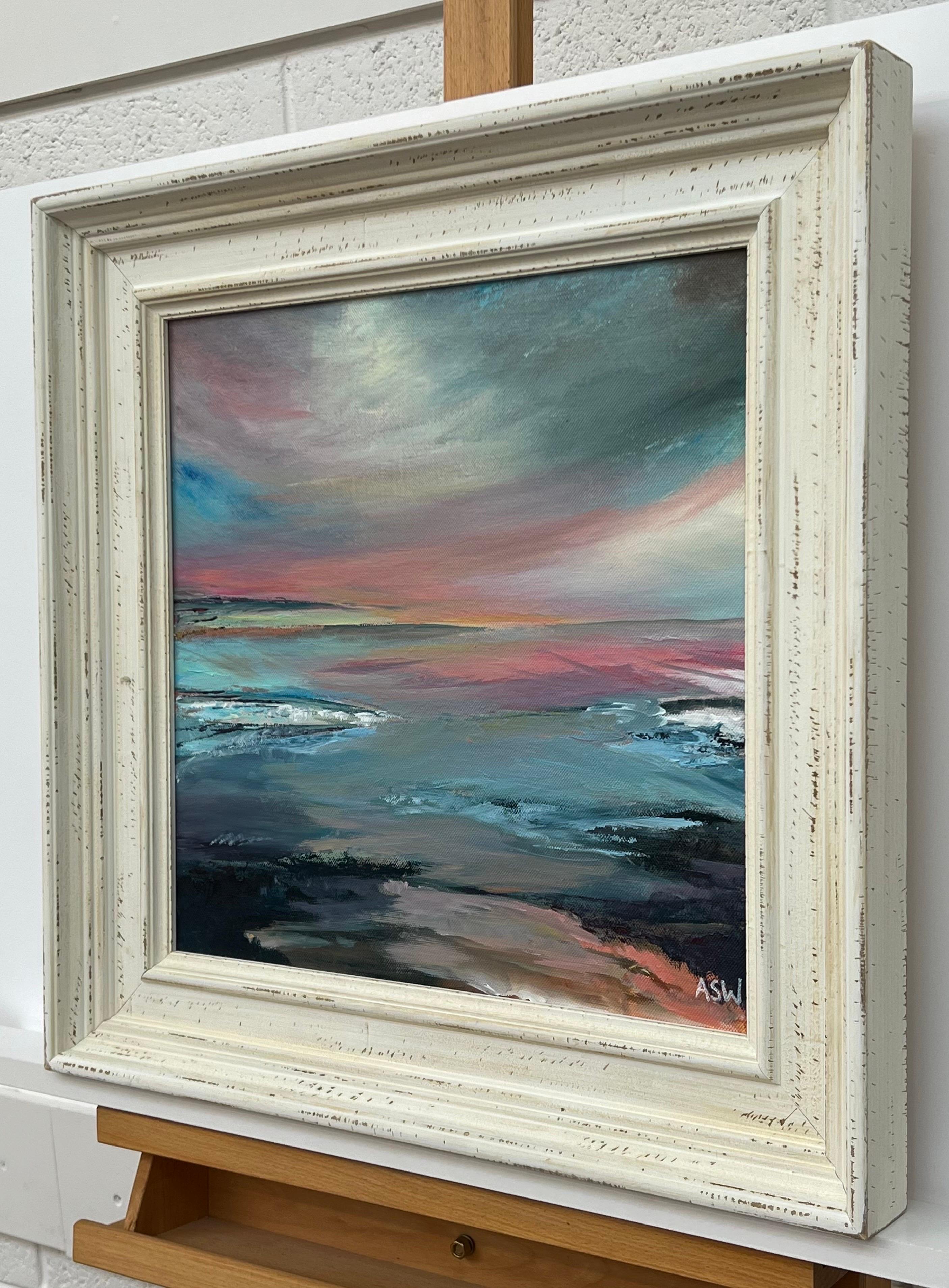 Atmospheric Pink & Blue Seascape Landscape with Dramatic Sky by leading Contemporary British Artist, Angela Wakefield 

Art measures 12 x 12 inches 
Frame measures 17 x 17 inches 

Angela Wakefield has twice been on the front cover of ‘Art of
