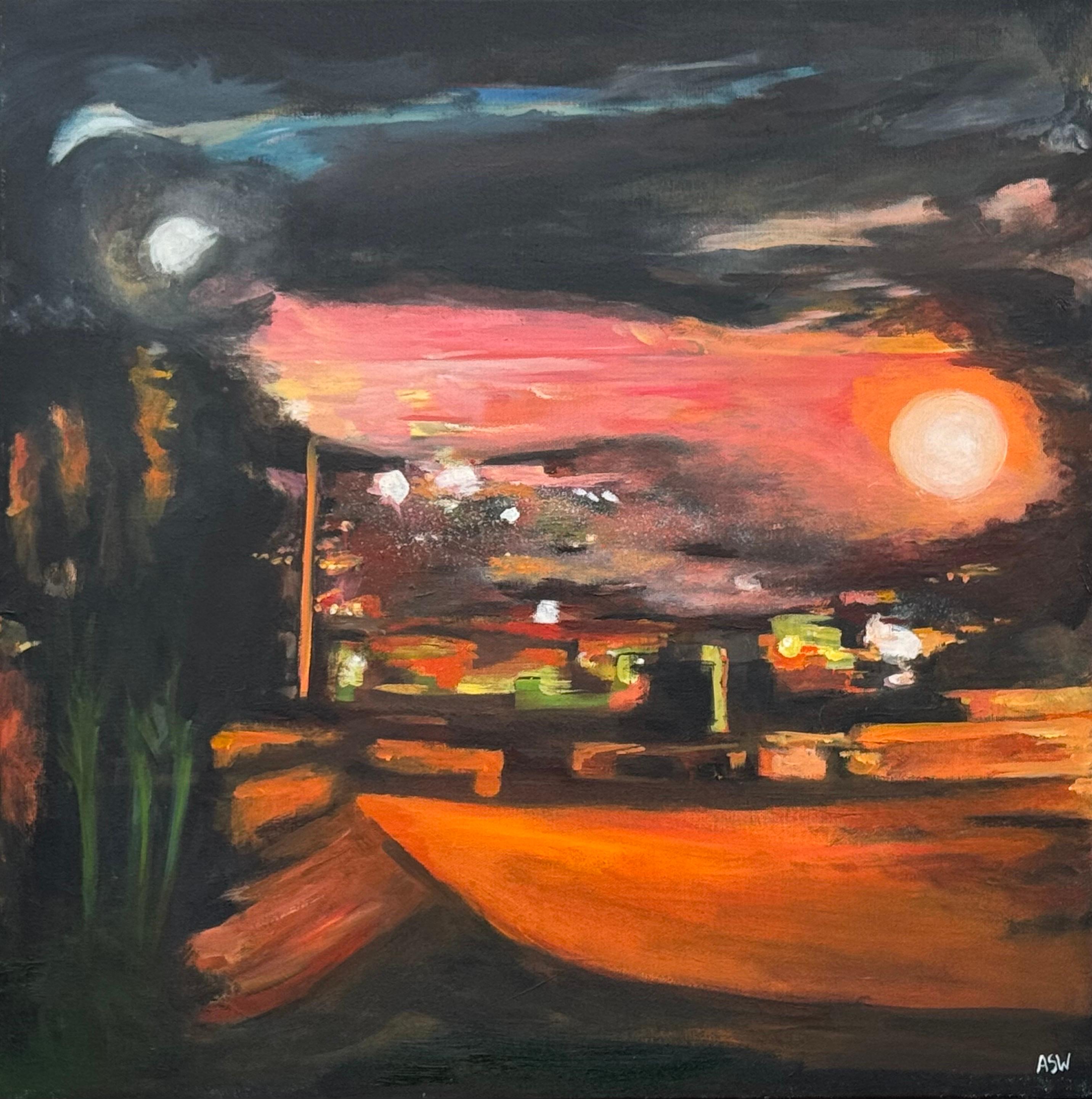 Angela Wakefield Landscape Painting - Black & Orange Abstract Expressionist Painting by Leading British Urban Artist