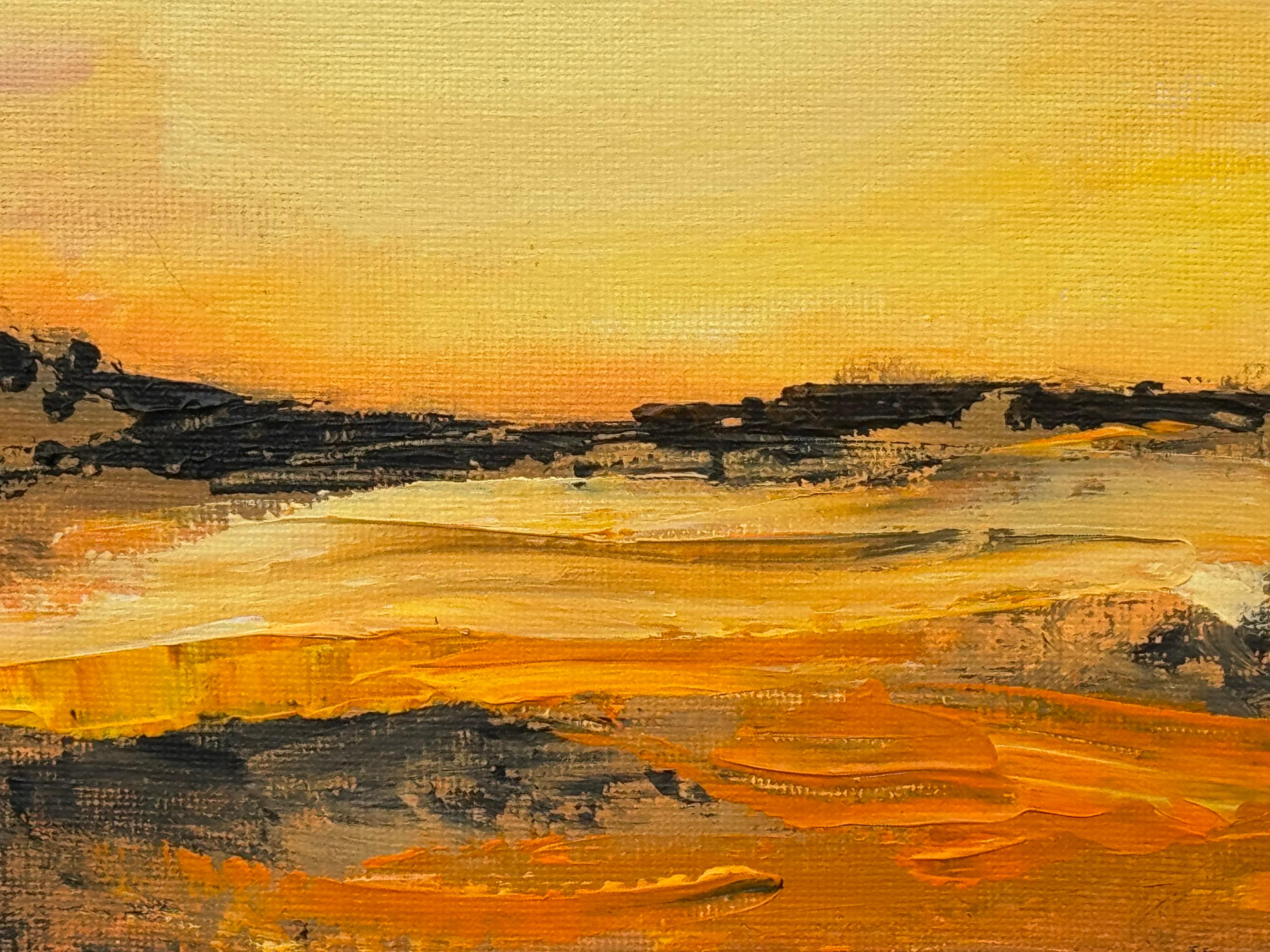 Schwarz-orange-goldgelbe abstrakte Landschaft eines zeitgenössischen britischen Künstlers im Angebot 3