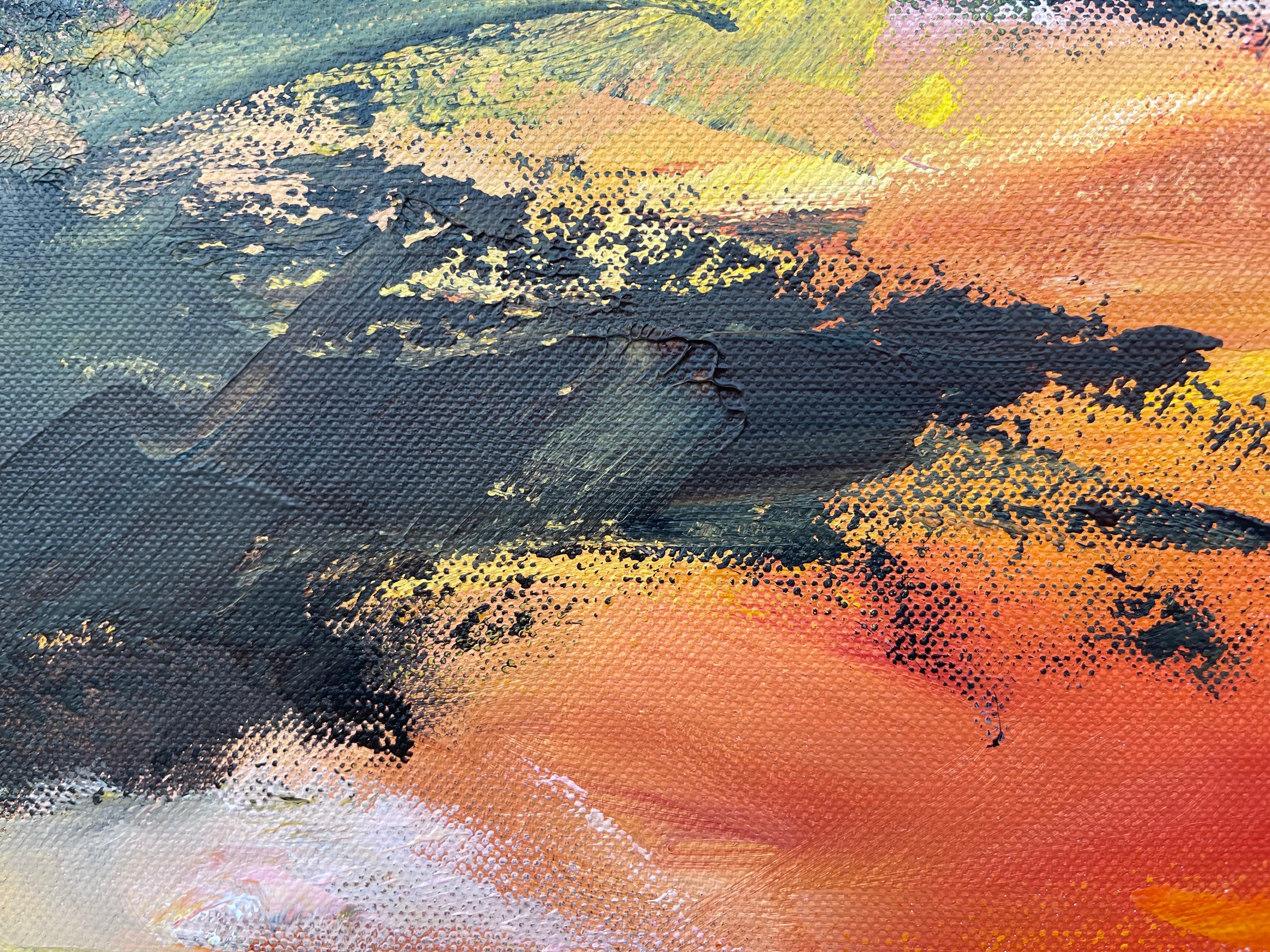 Paisaje abstracto negro, naranja y amarillo pintado por un artista británico contemporáneo en venta 6