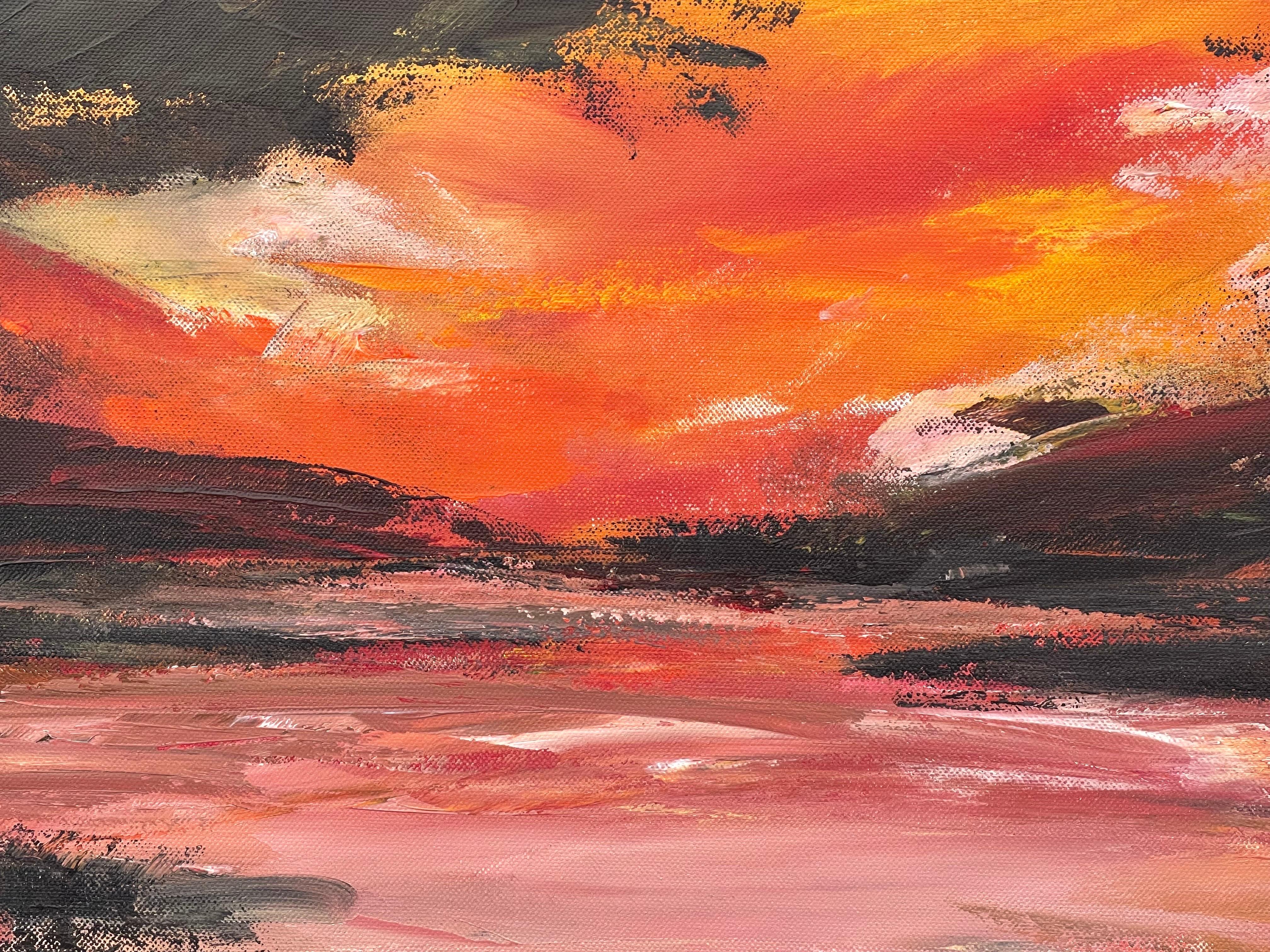 Paisaje abstracto negro, naranja y amarillo pintado por un artista británico contemporáneo en venta 7