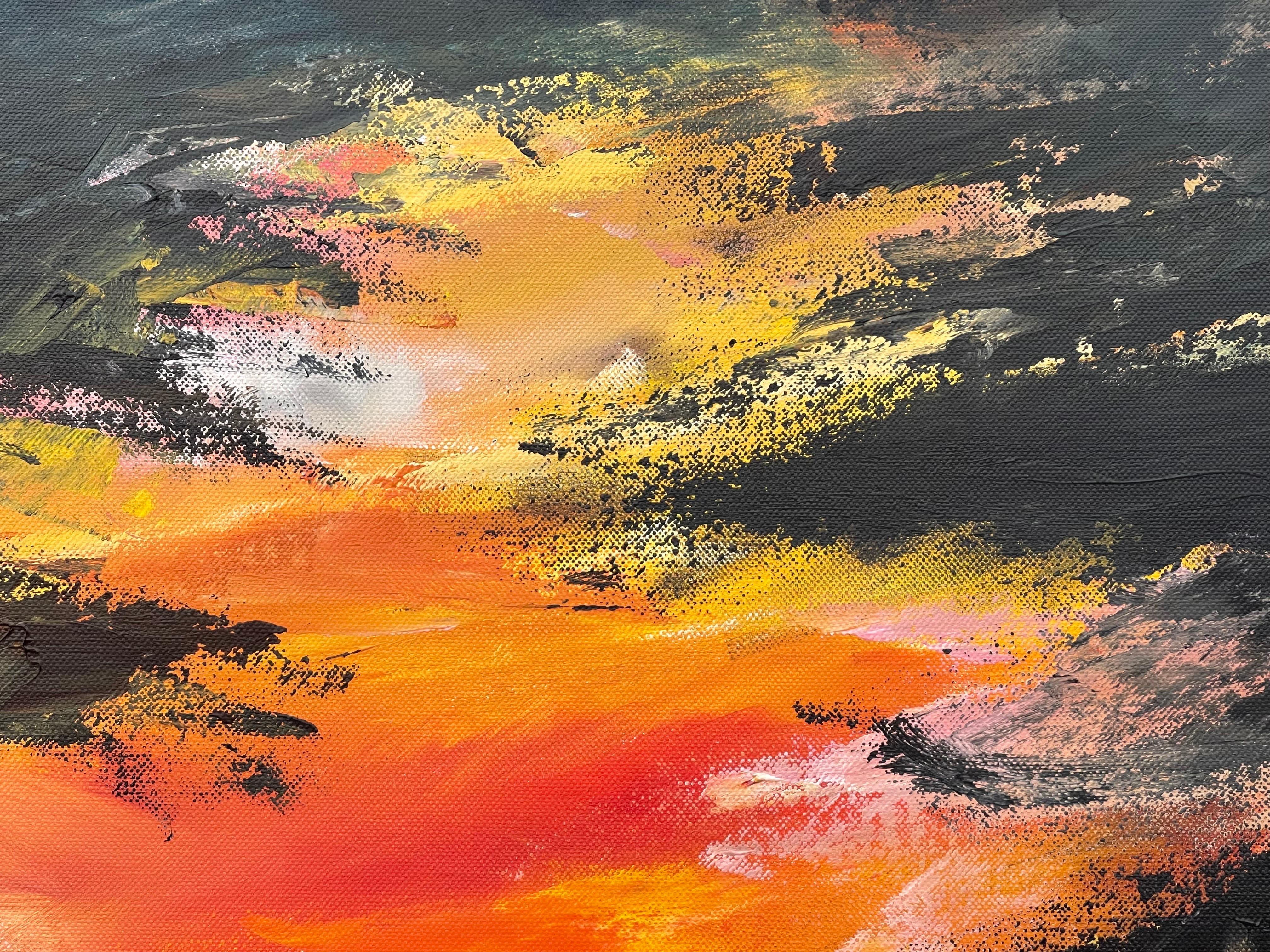 Peinture de paysage abstrait noir, orange et jaune d'un artiste britannique contemporain en vente 10