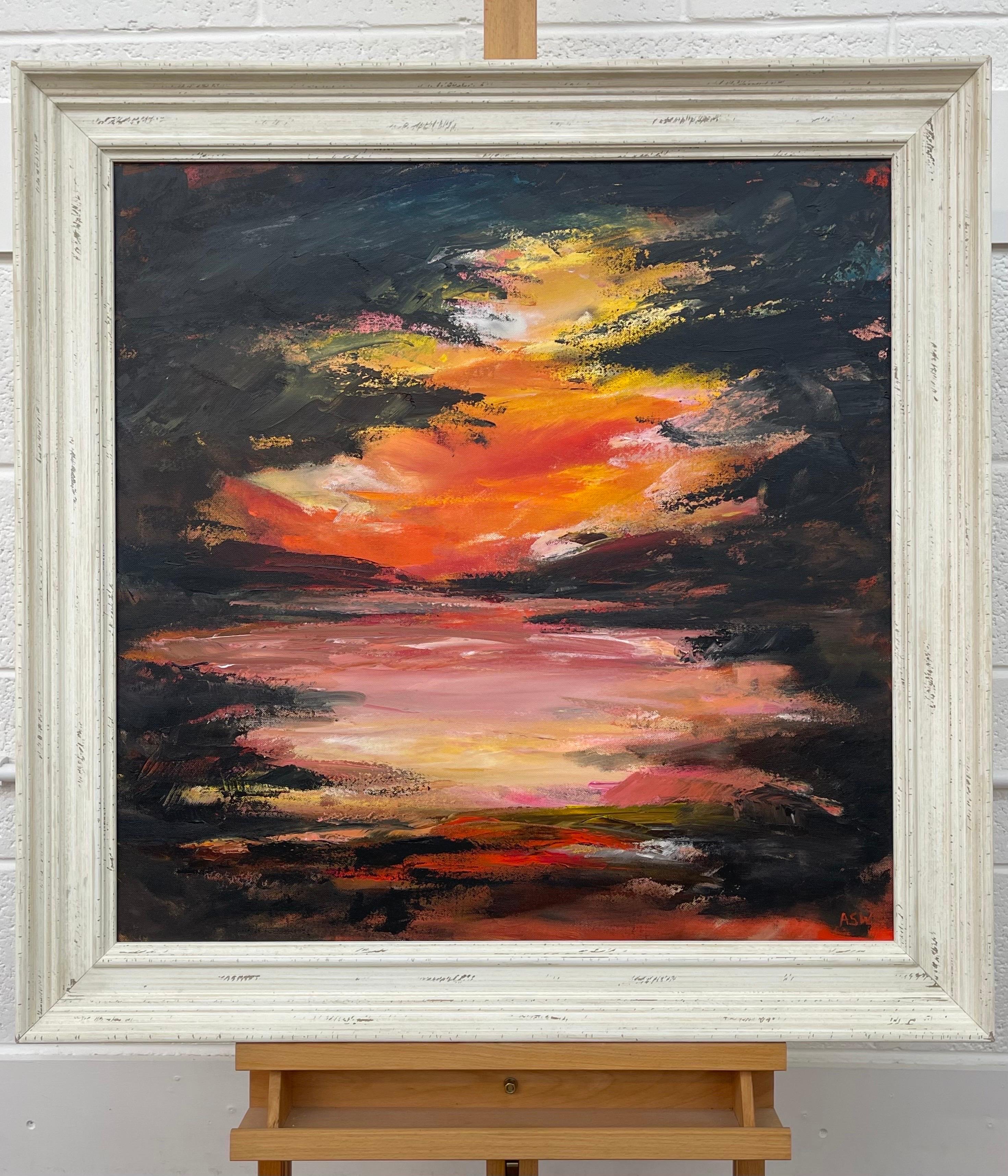 Black, Orange & Yellow Abstract Expressionist Landscape Painting by Leading Contemporary British Artist, Angela Wakefield. Deep in the forest, looking through the trees out onto a mountain lake scene at twilight, this atmospheric impressionistic