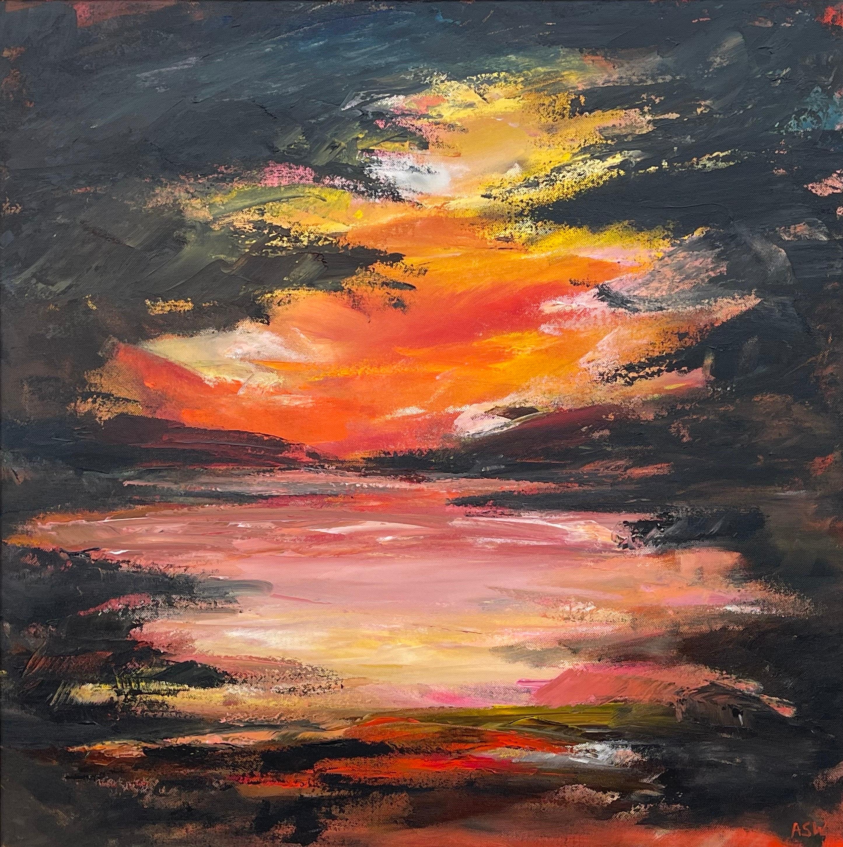 Paisaje abstracto negro, naranja y amarillo pintado por un artista británico contemporáneo en venta 1