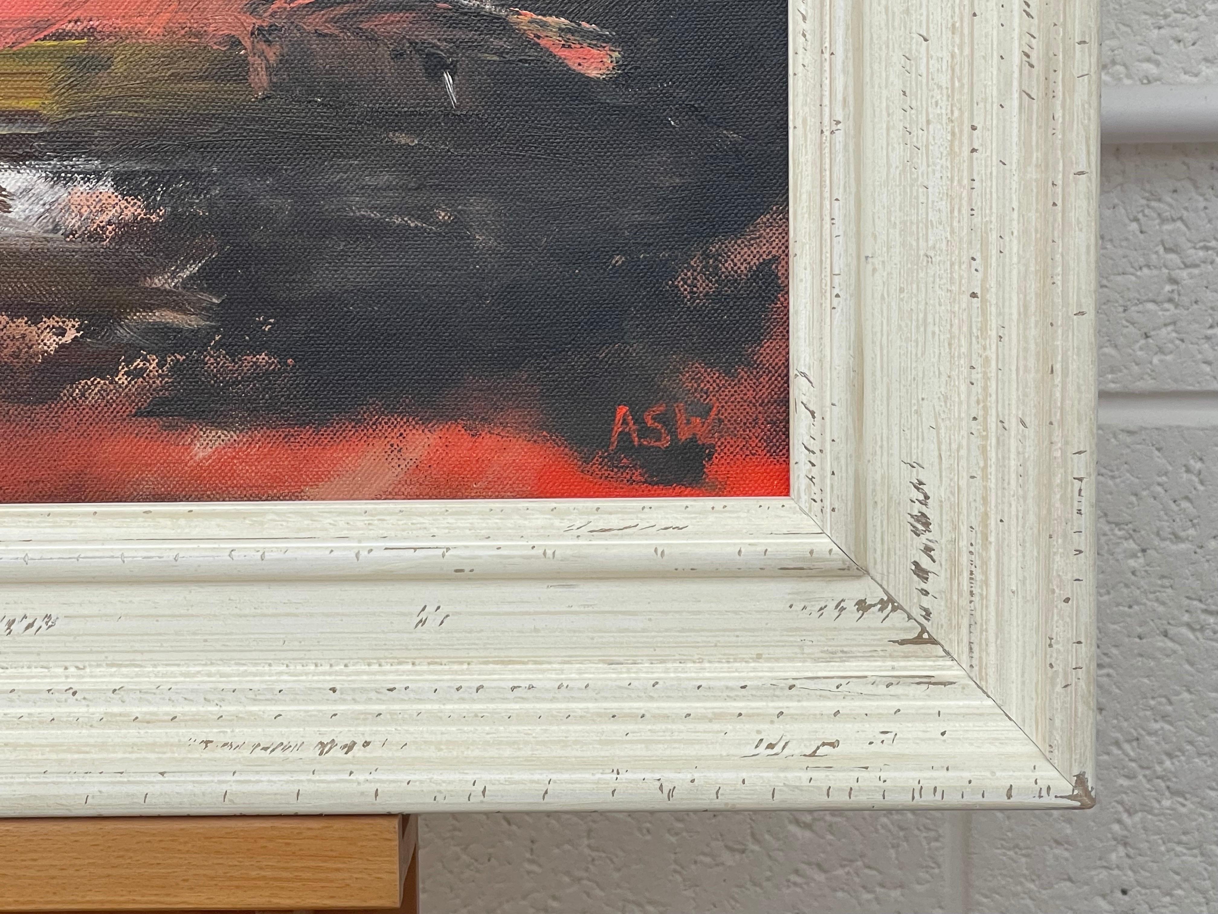 Paisaje abstracto negro, naranja y amarillo pintado por un artista británico contemporáneo en venta 2