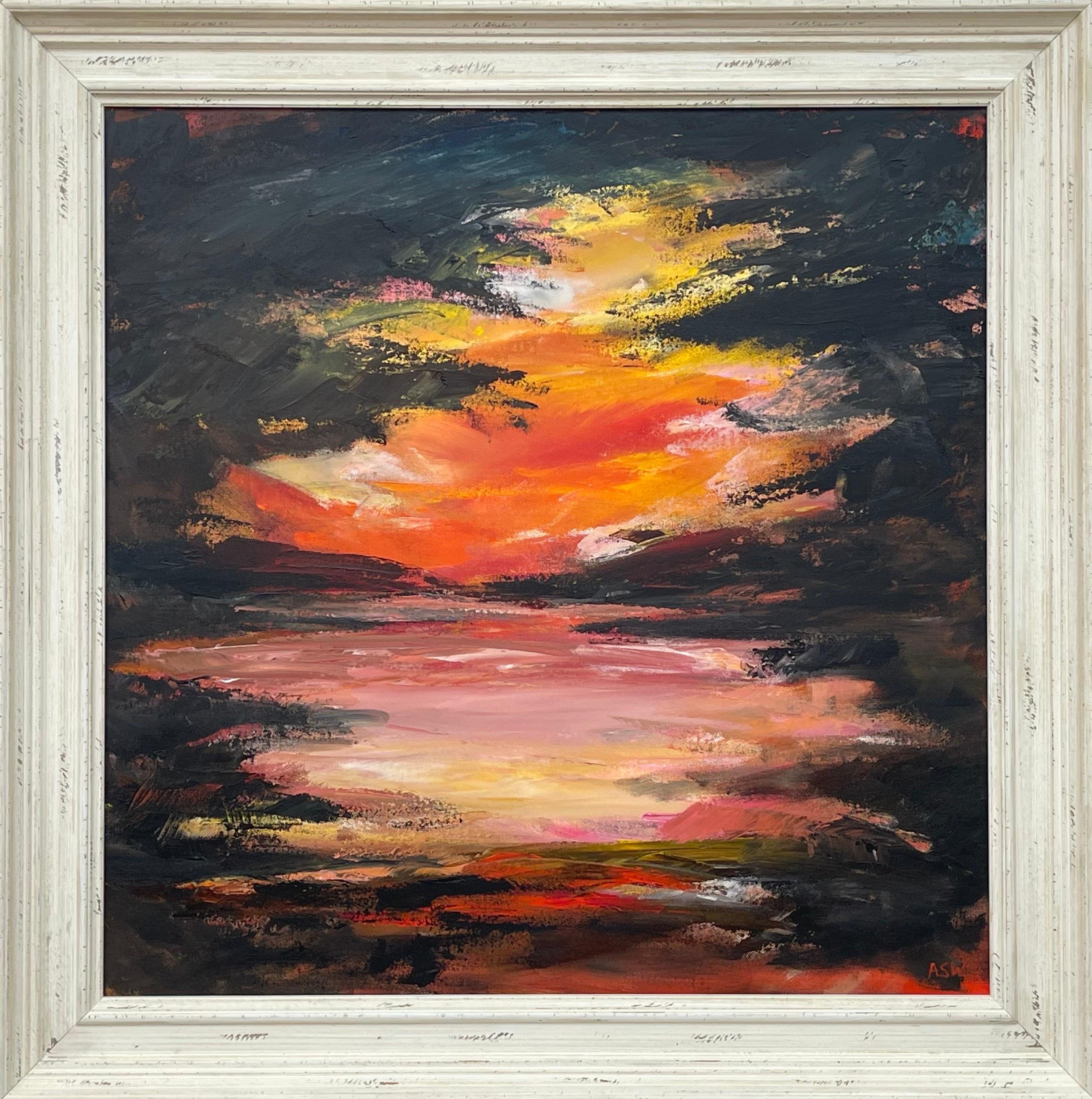 Black Orange & Yellow Abstract Landscape Painting by Contemporary British Artist