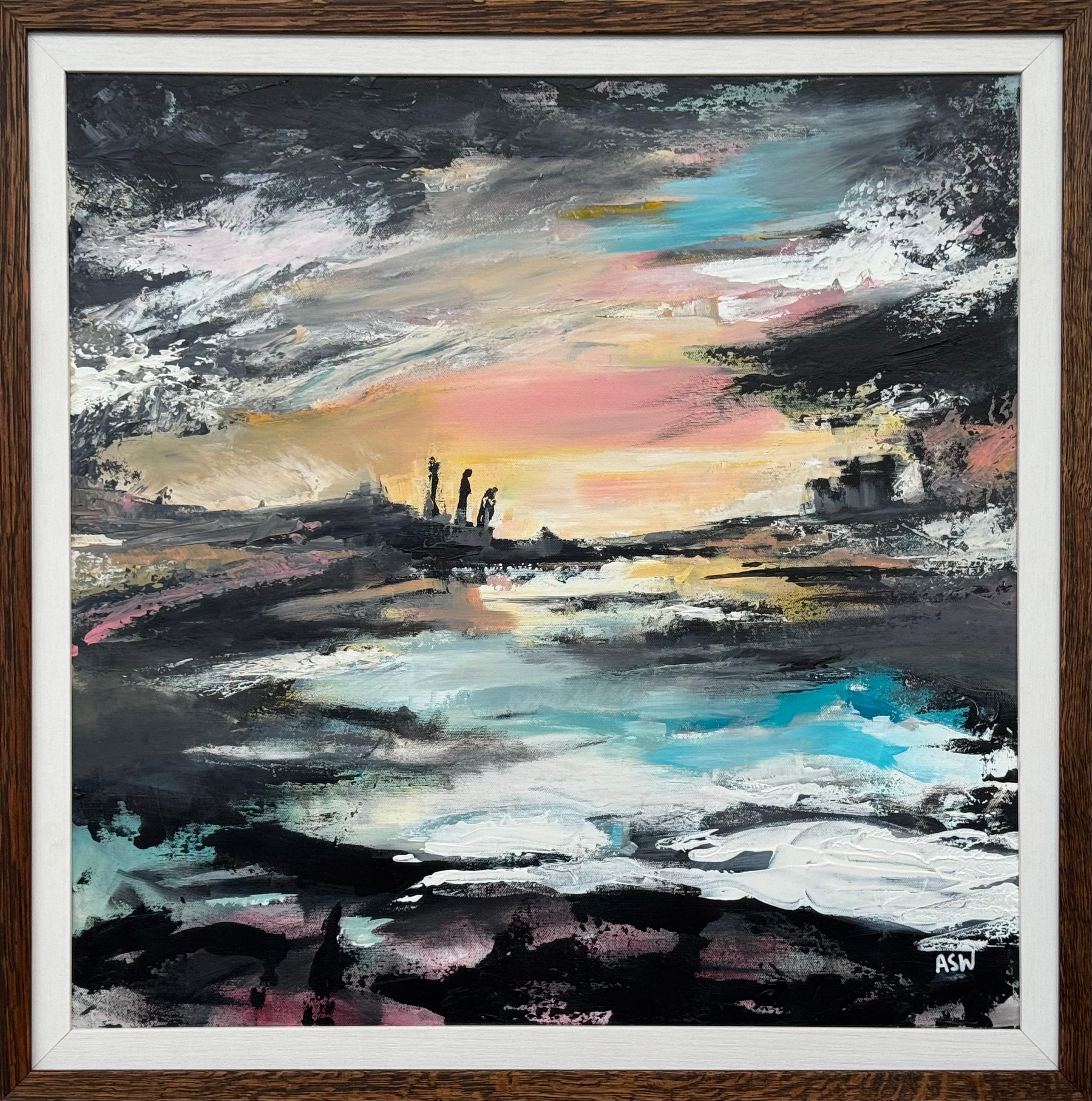 Arte espressionista astratta in nero, rosa e turchese di un importante artista britannico