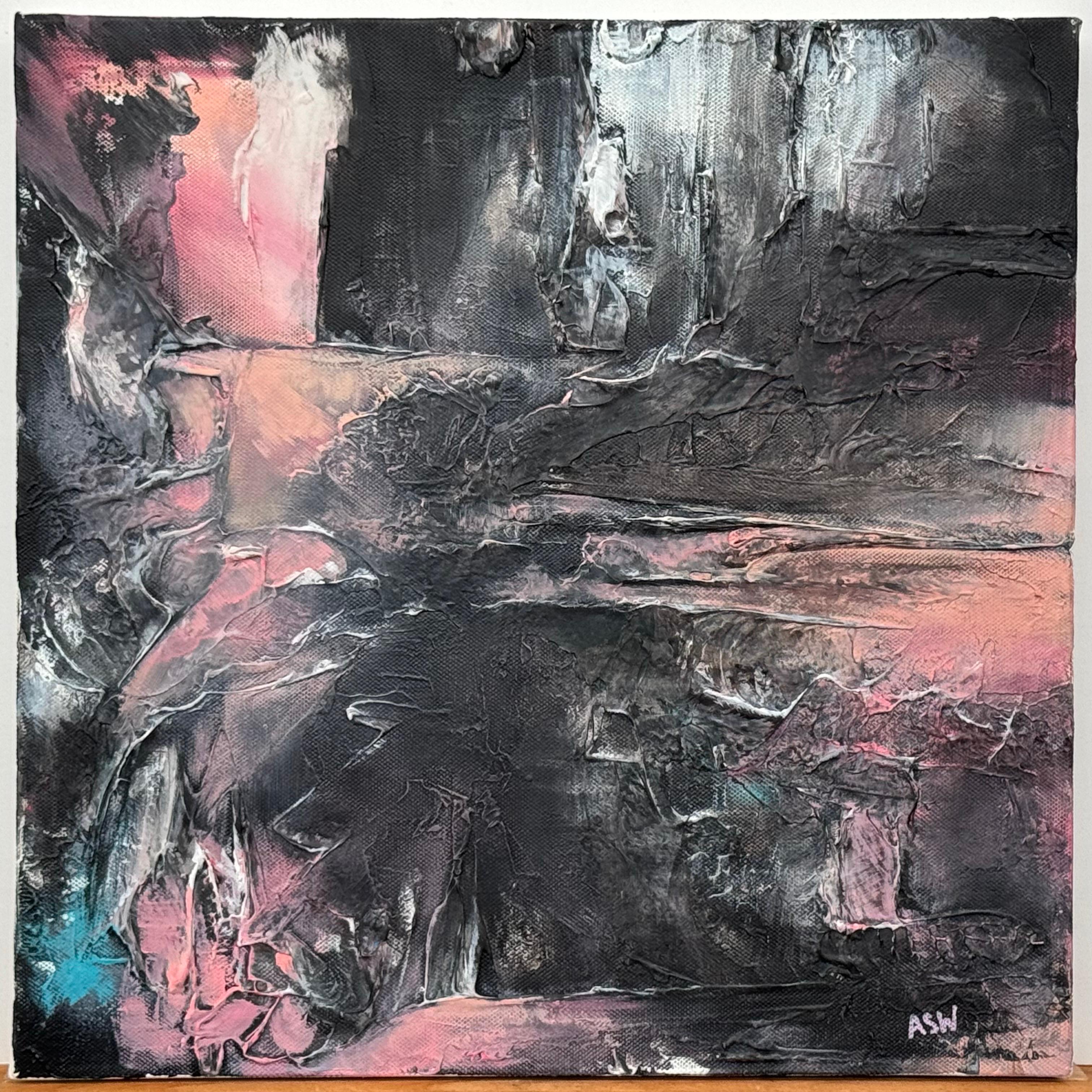Abstract Painting de Angela Wakefield - Paisaje abstracto negro, rojo y rosa de un artista británico contemporáneo