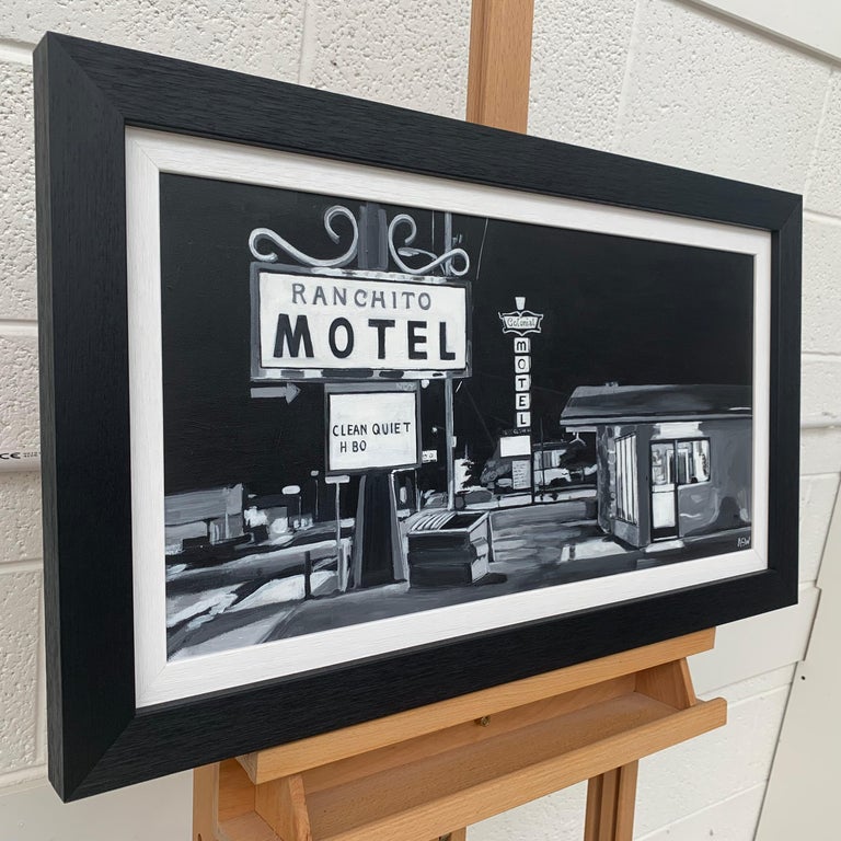 Panoramic Black & White Painting of the legendary Ranchito Motel on Route 66, New Mexico, USA. 
A unique original from leading British Cityscape Artist, Angela Wakefield. 

Art measures 24 x 12 inches 
Frame measures 28.8 x 16.8 inches 

Angela
