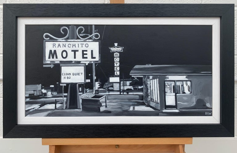 Black & White Americana Painting of Ranchito Motel on Route 66 New Mexico USA For Sale 1