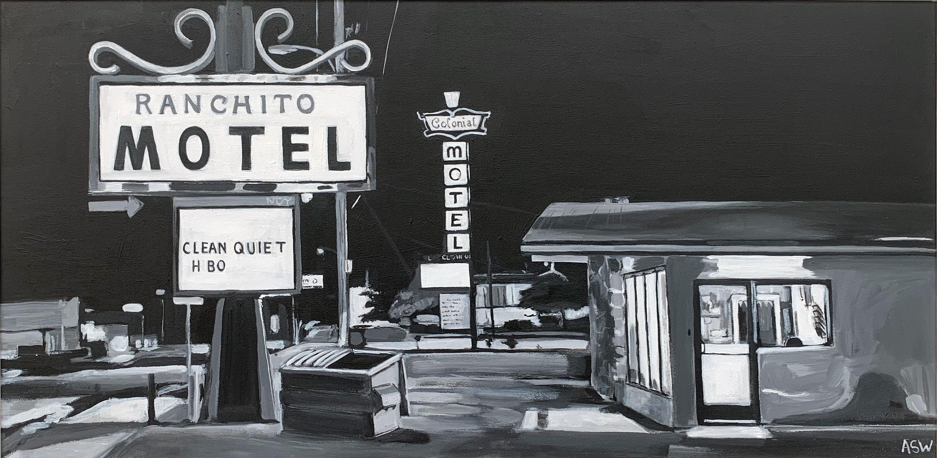 Peinture panoramique en noir et blanc du légendaire Ranchito Motel sur la Route 66, Nouveau Mexique, USA. 
Un original unique de la grande artiste britannique de paysages urbains, Angela Wakefield. 

L'œuvre d'art mesure 24 x 12 pouces 
Le cadre