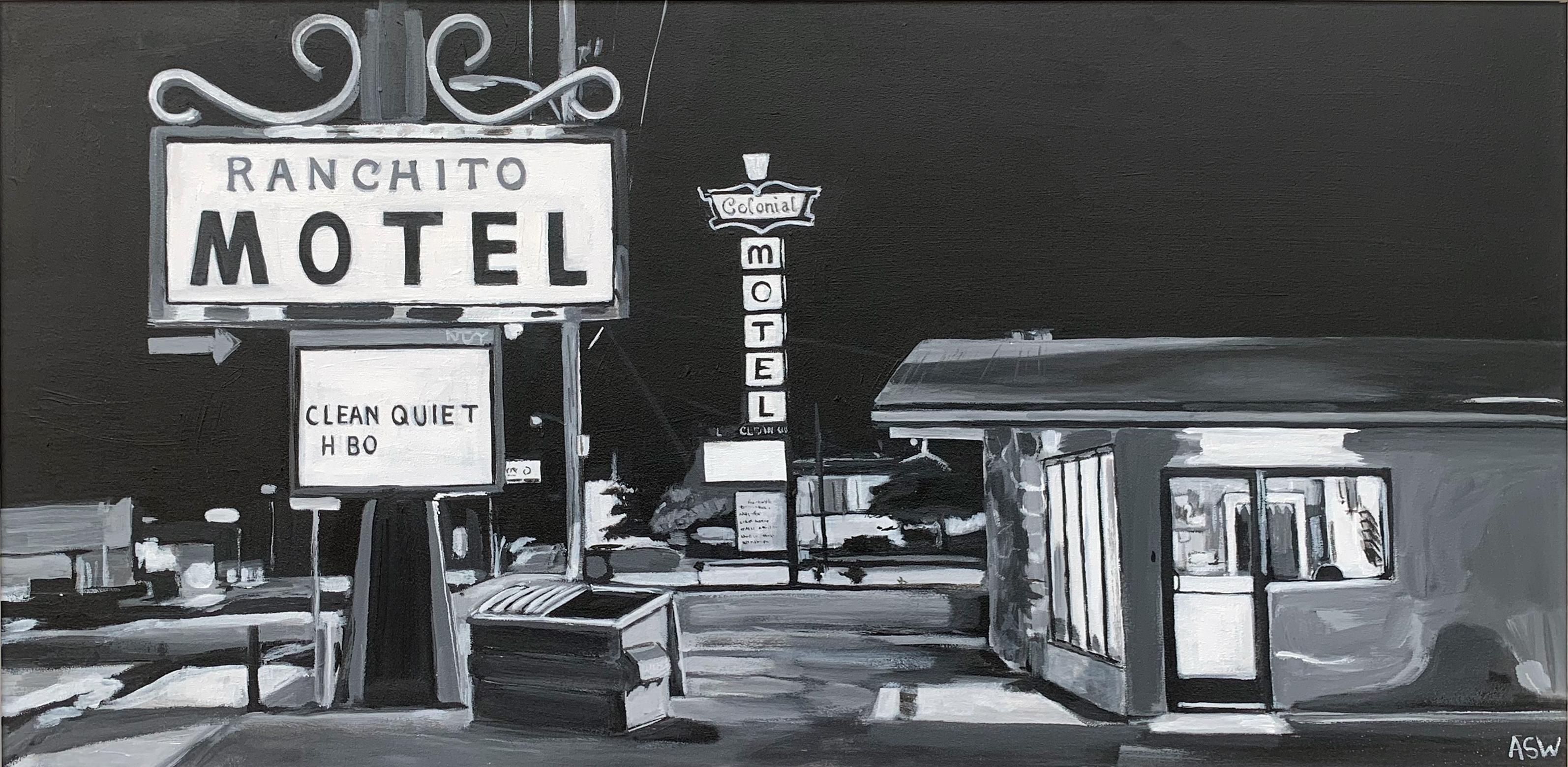 Panoramic Black & White Painting of the legendary Ranchito Motel on Route 66, New Mexico, USA. 
A unique original from leading British Cityscape Artist, Angela Wakefield. 

Art measures 24 x 12 inches 
Frame measures 28.8 x 16.8 inches 

Angela