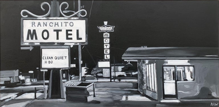 Black & White Americana Painting of Ranchito Motel on Route 66 New Mexico USA For Sale 3