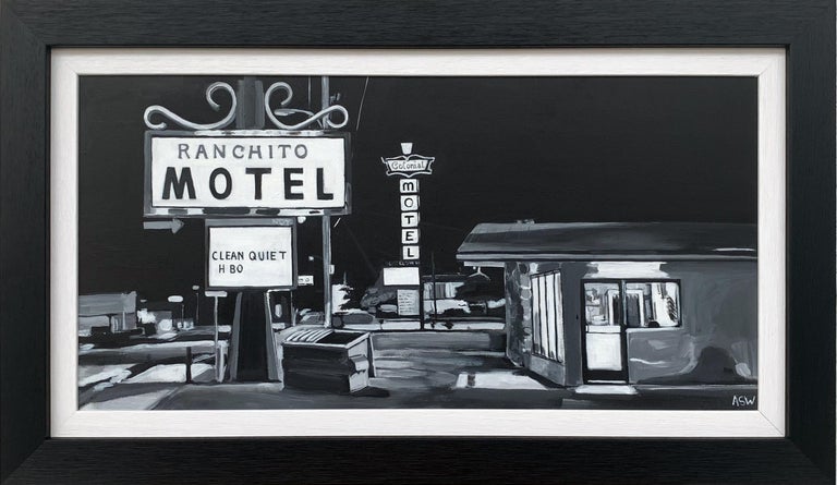 Angela Wakefield Landscape Painting - Black & White Americana Painting of Ranchito Motel on Route 66 New Mexico USA