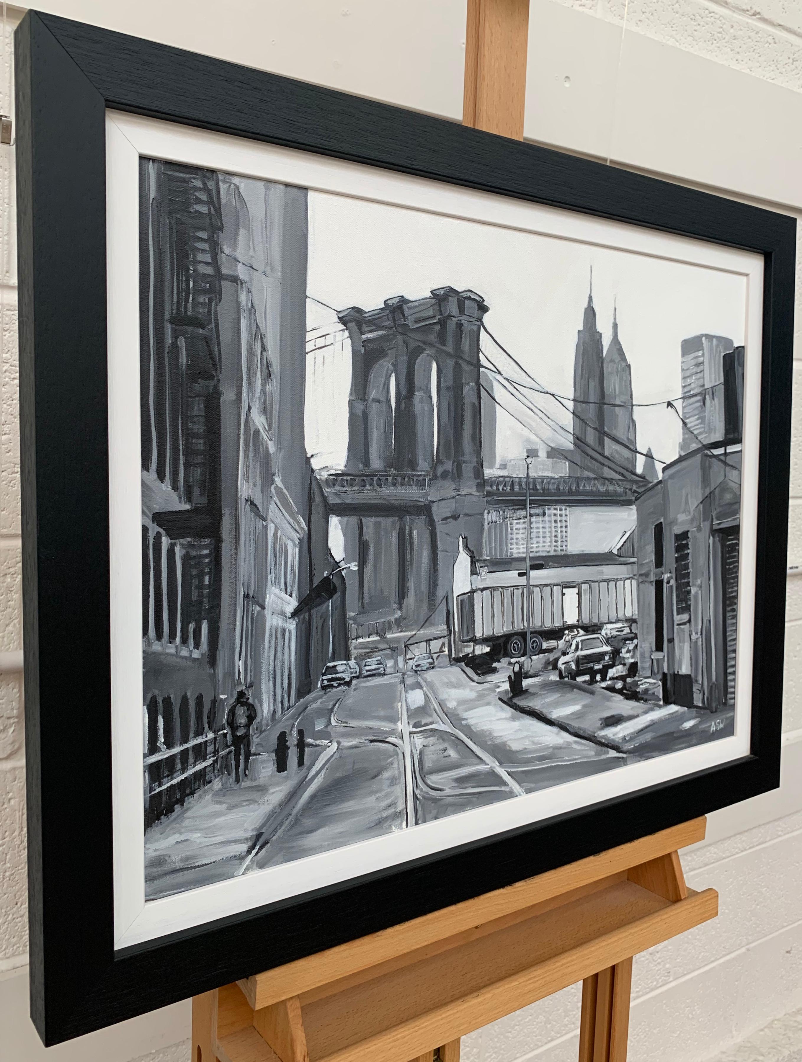 Black & White Brooklyn Bridge New York City by Contemporary British Urban Artist - Painting by Angela Wakefield