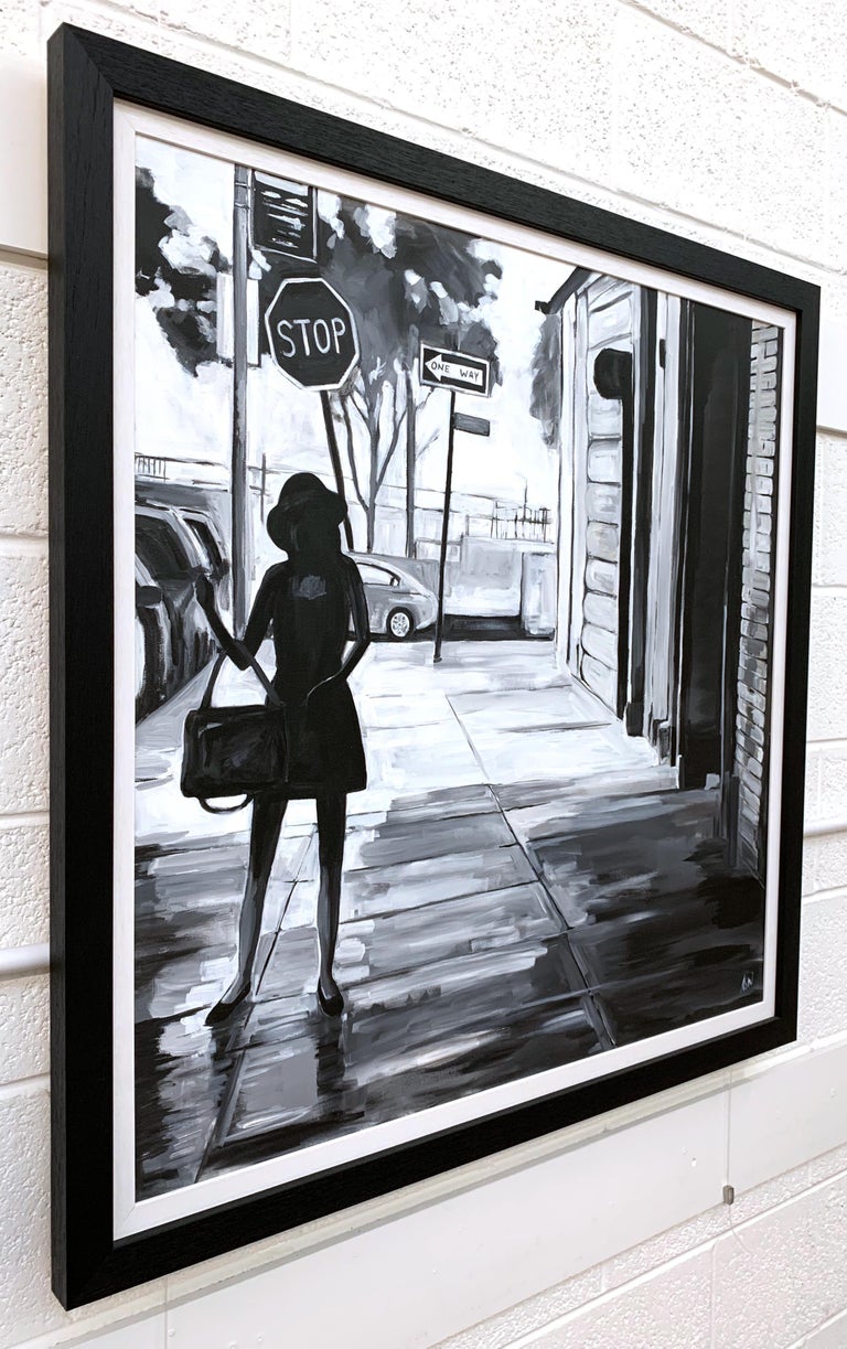 A gritty, black & white urban landscape street scene of a woman in Manhattan, New York by leading British Artist, Angela Wakefield.

Art measures 36 x 36 inches
Frame measures 41 x 41 inches

Angela Wakefield has twice been on the front cover of