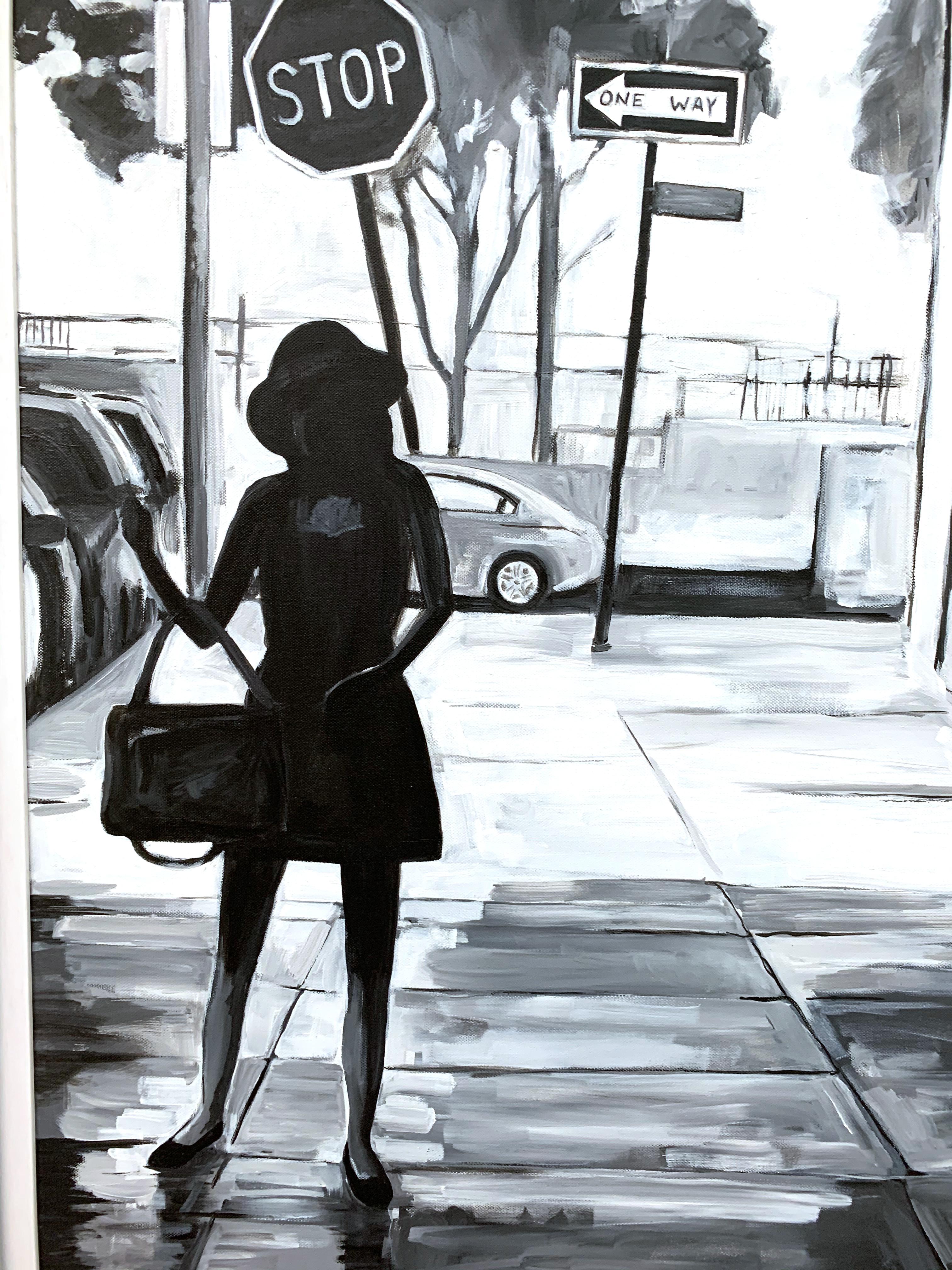 A gritty, black & white urban landscape street scene of a woman in Manhattan, New York by leading British Artist, Angela Wakefield.

Art measures 36 x 36 inches
Frame measures 41 x 41 inches

Angela Wakefield has twice been on the front cover of