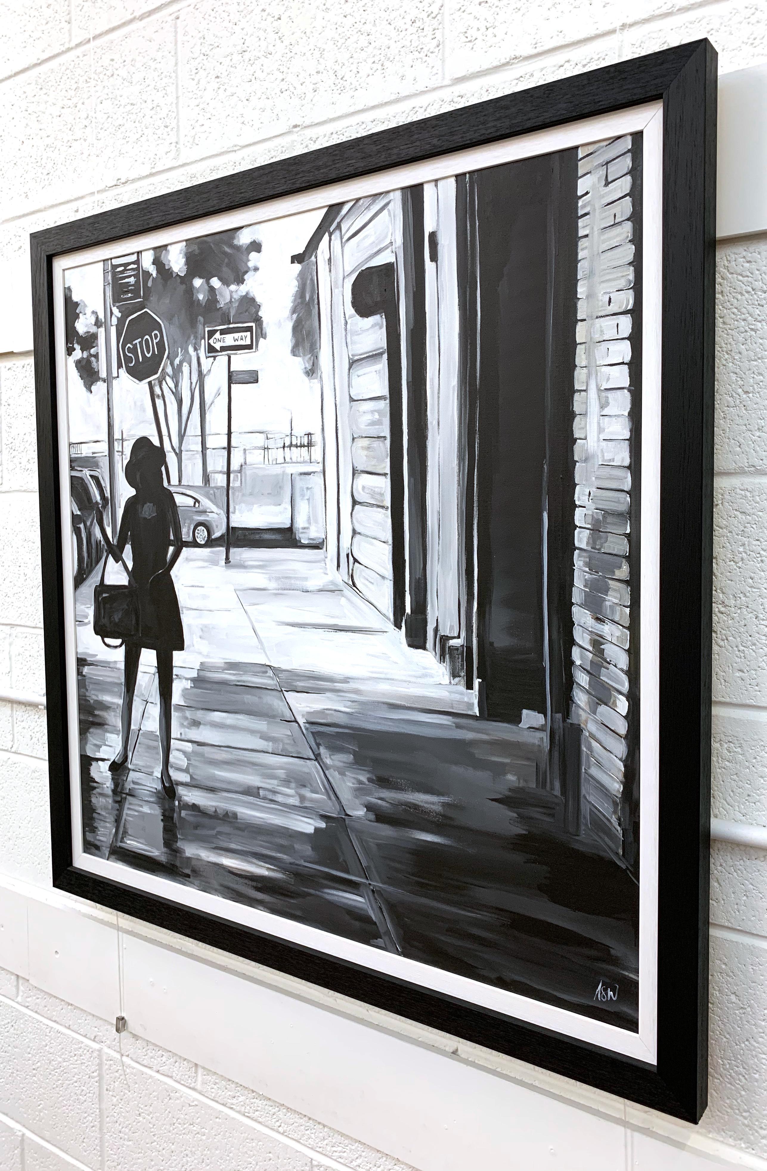 Black & White Female Figure Manhattan Woman in New York by British Urban Artist - Contemporary Painting by Angela Wakefield