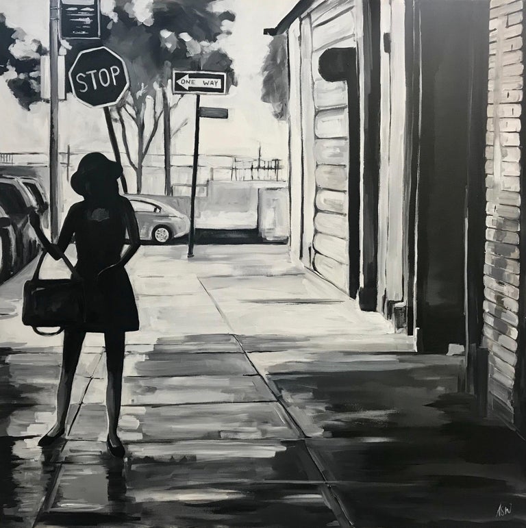 Black & White Female Figure Manhattan New York by British Urban Landscape Artist 1