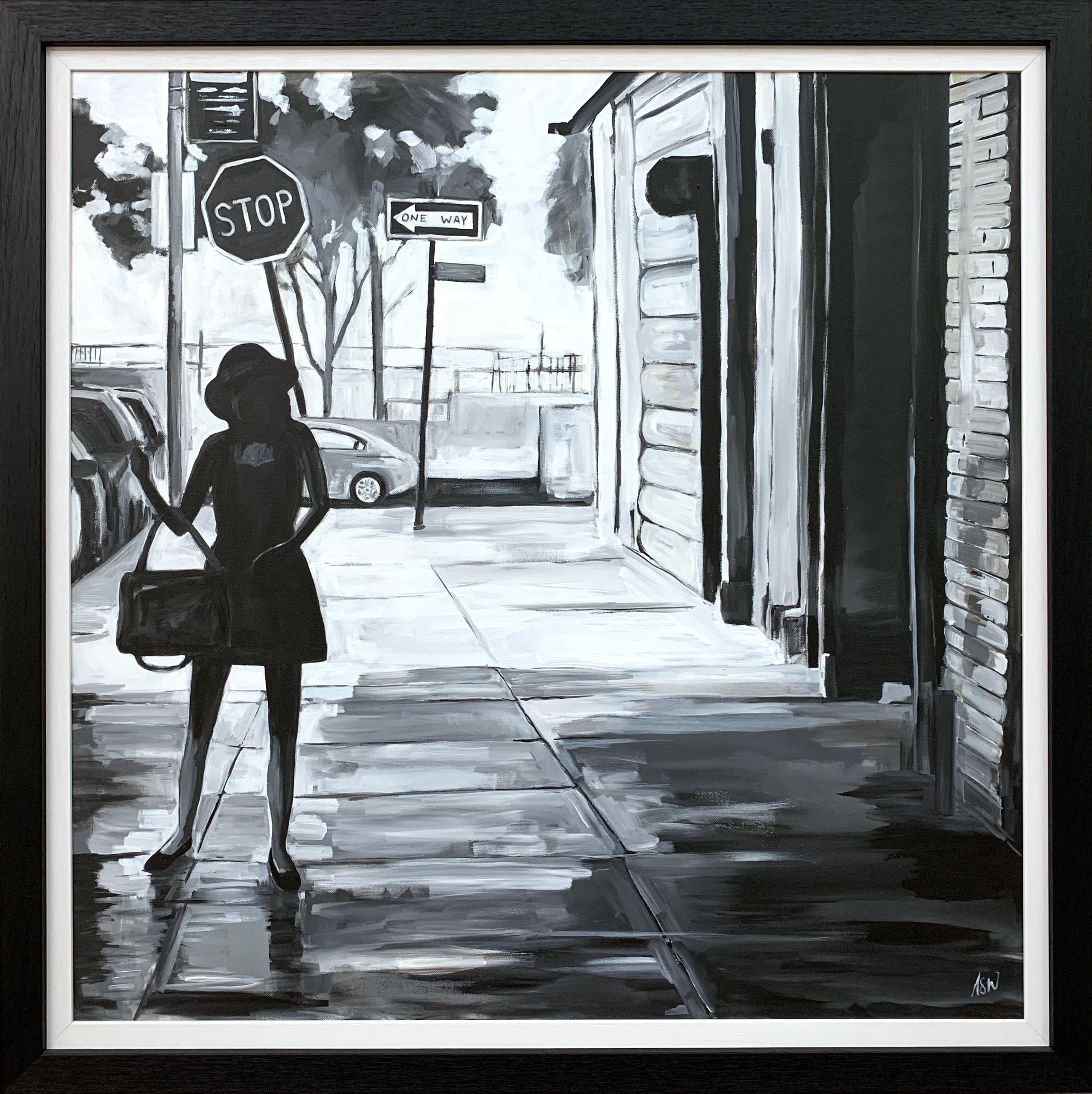 Portrait Painting de Angela Wakefield - Figura Femenina en Blanco y Negro Mujer de Manhattan en Nueva York por Artista Urbano Británico