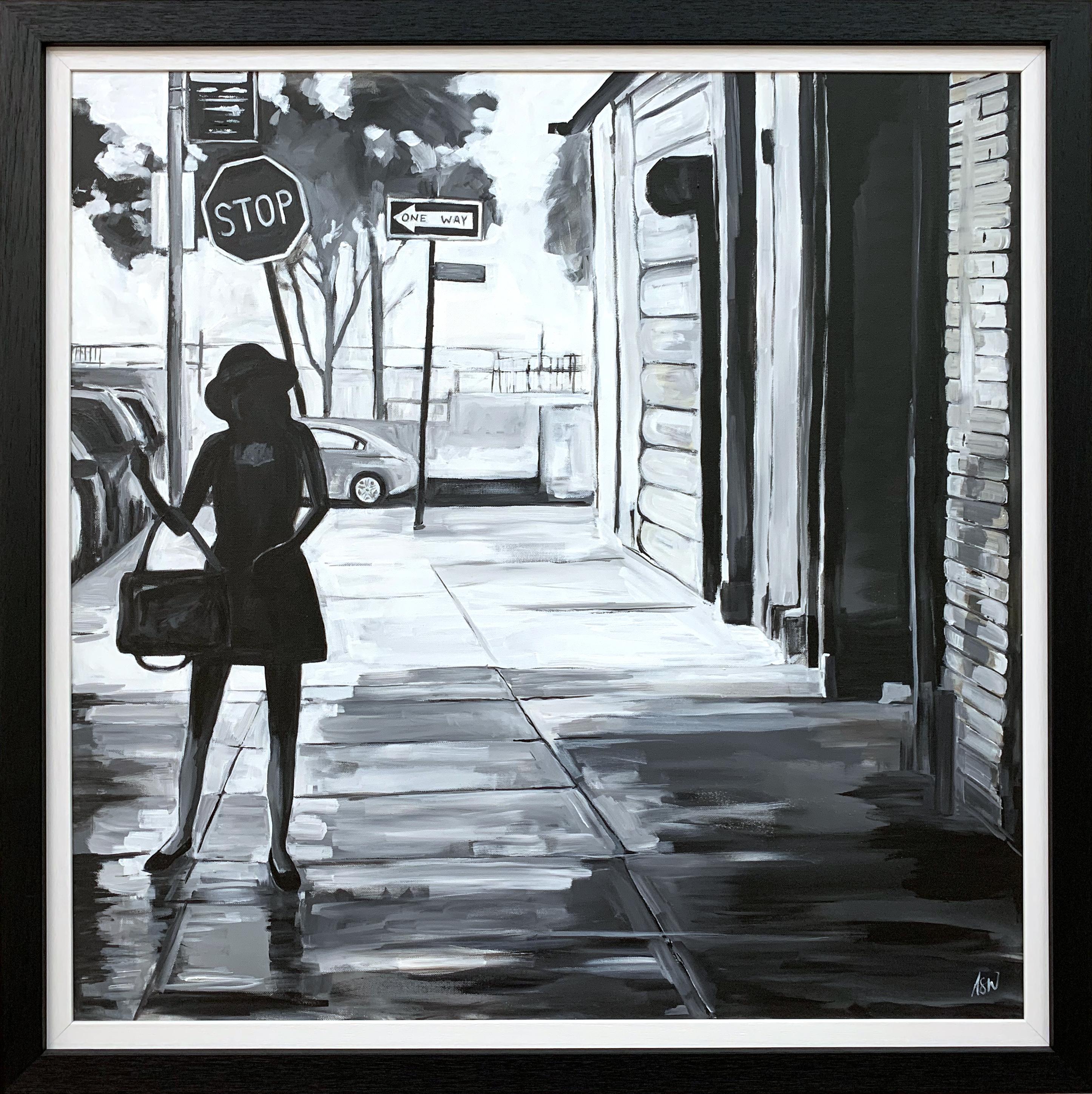 Black & White Female Figure Manhattan Woman in New York by British Urban Artist