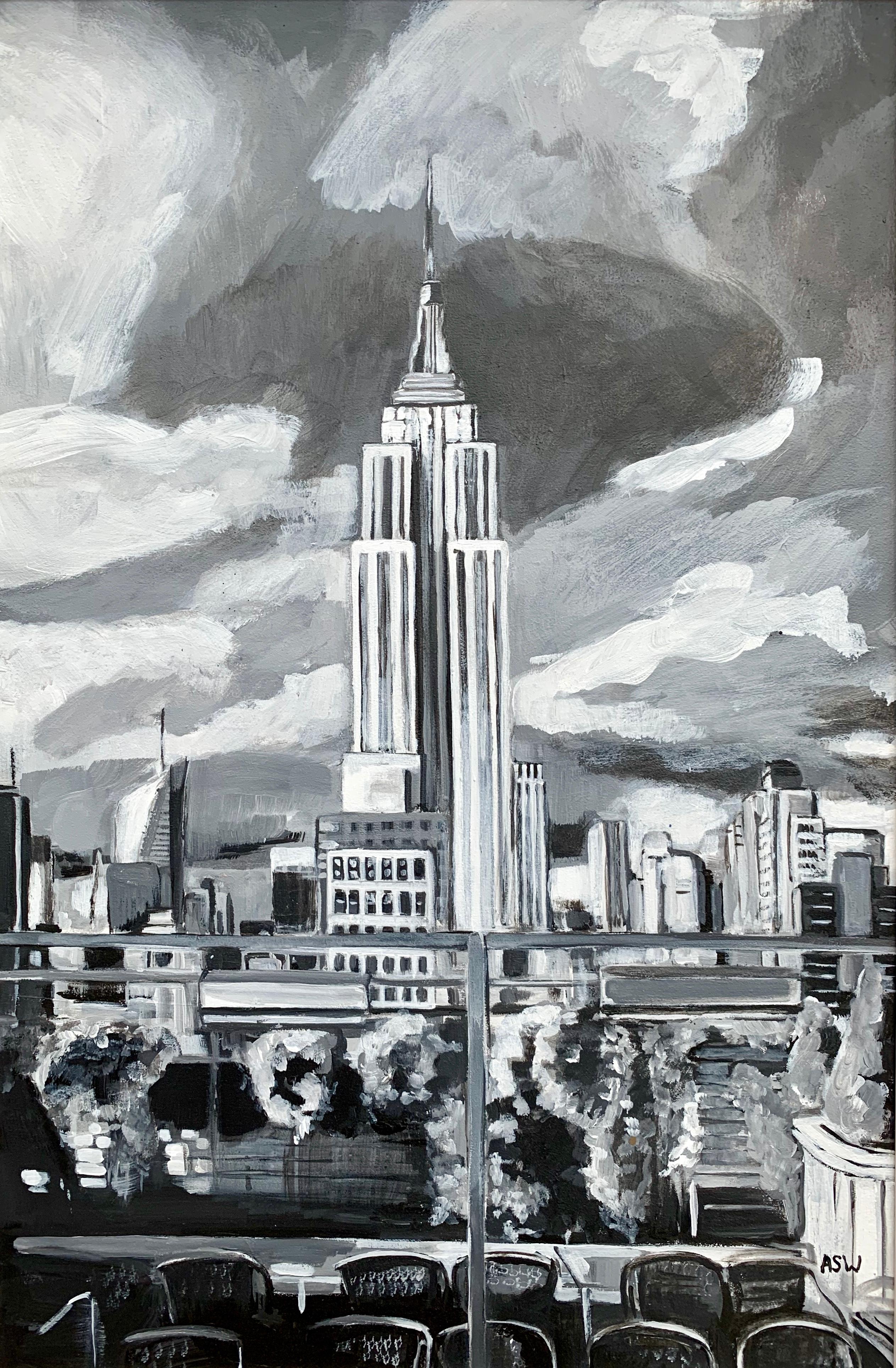 Landscape Art Angela Wakefield - Peinture en noir et blanc de l'Empire State Building à New York City, NYC, par un artiste britannique