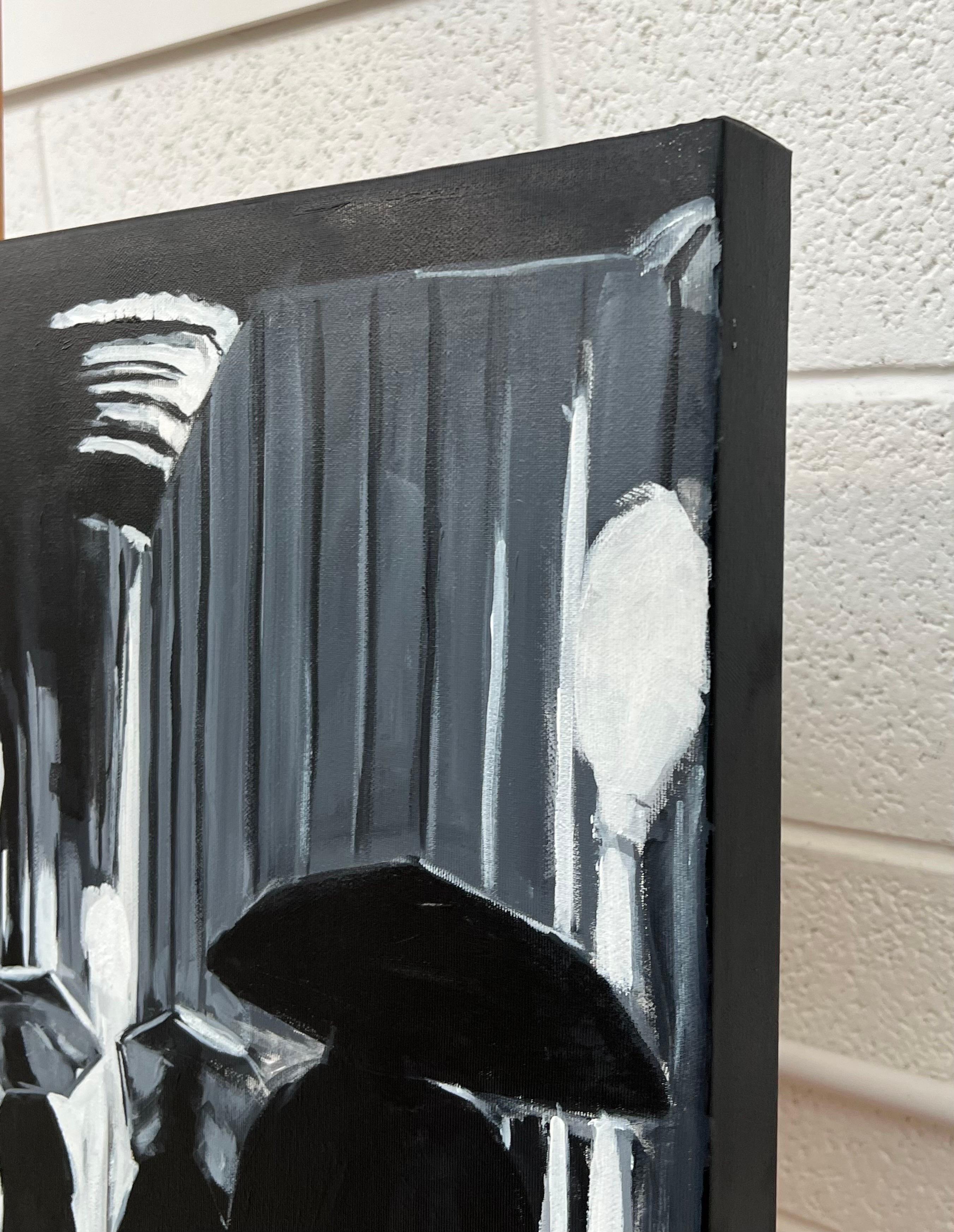 Quadro in bianco e nero del ponte di Hammersmith a Londra realizzato da un artista urbano britannico in vendita 11
