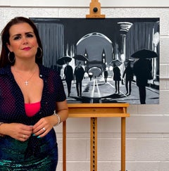 Schwarz-Weiß-Gemälde der Hammersmith Bridge in London des britischen Stadtkünstlers