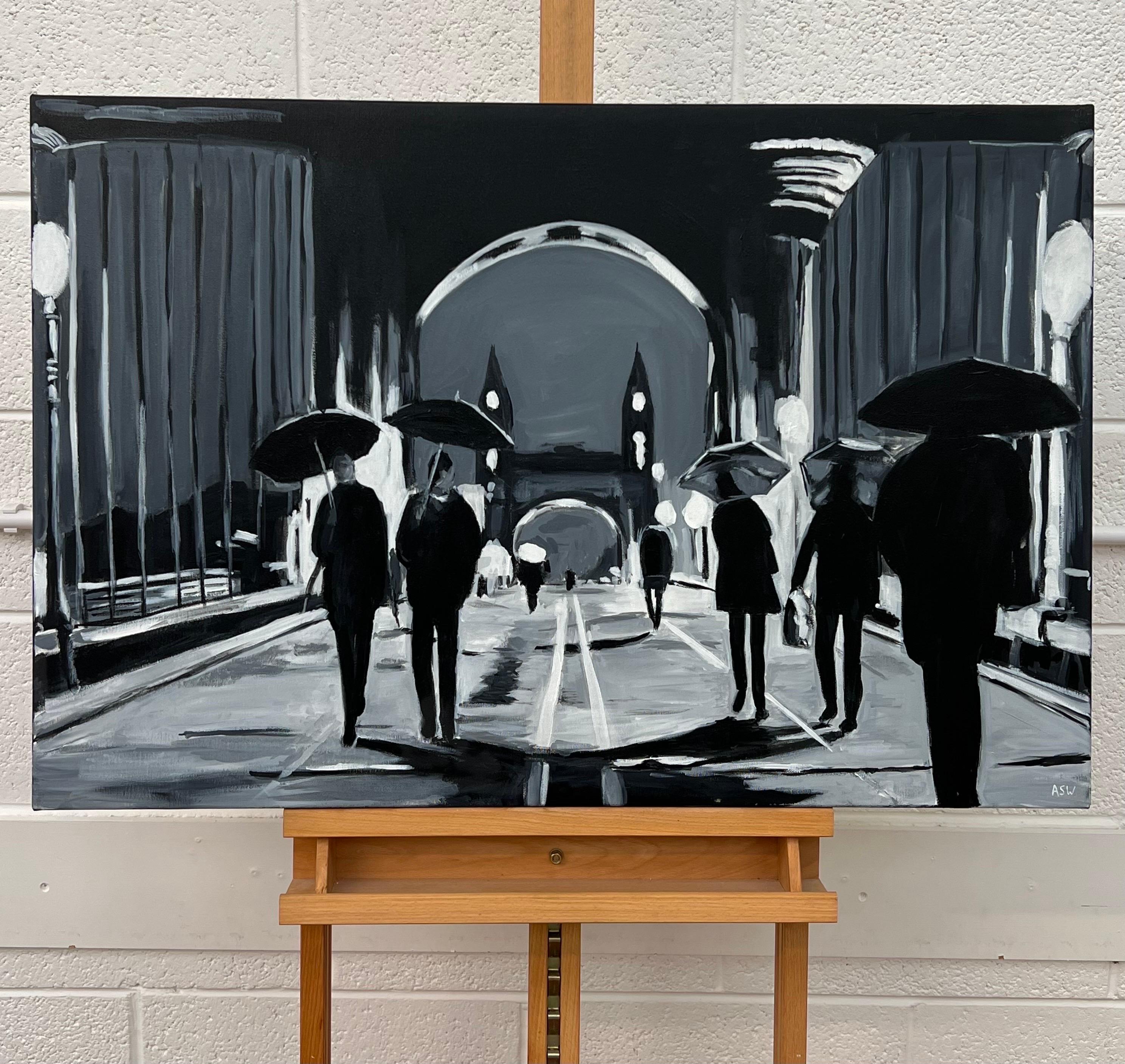 Quadro in bianco e nero del ponte di Hammersmith a Londra realizzato da un artista urbano britannico - Landscape Painting Nero di Angela Wakefield