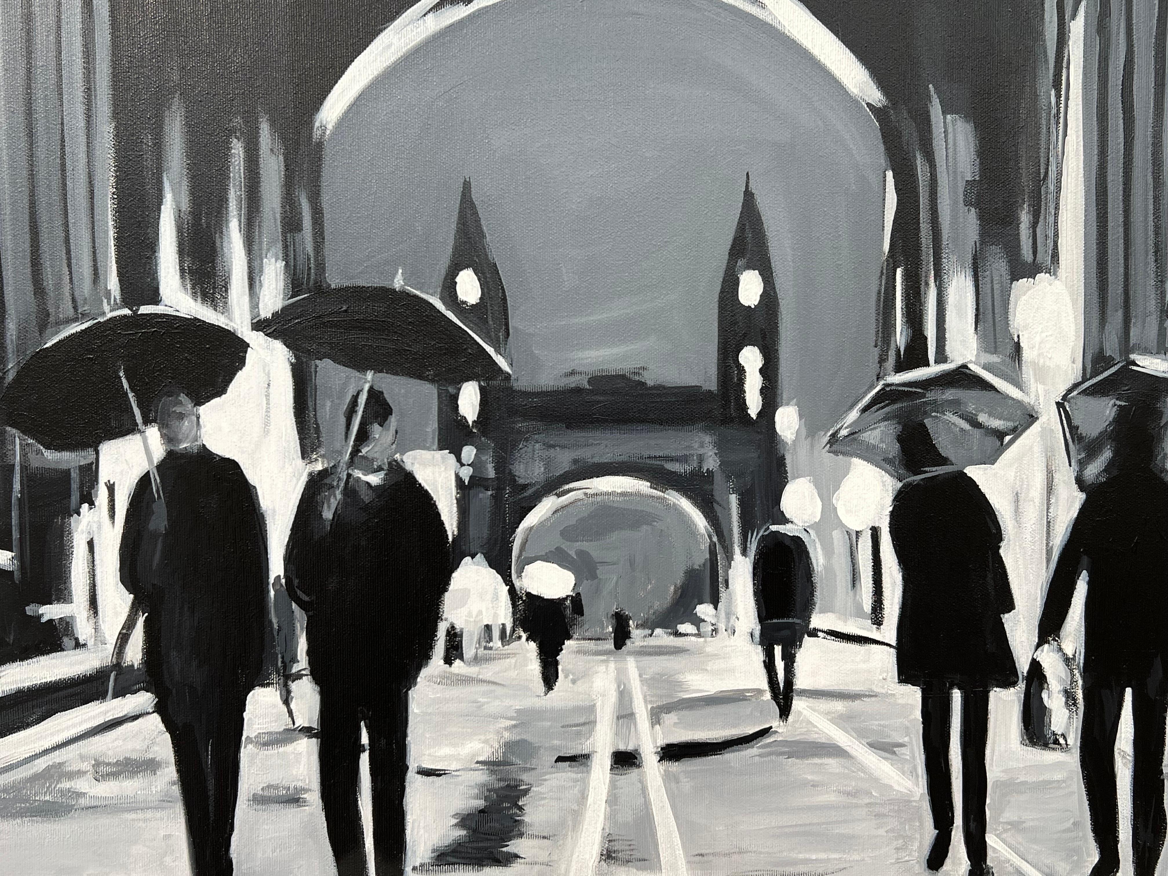 Black & White Painting of Hammersmith Bridge in London by British Urban Artist For Sale 5