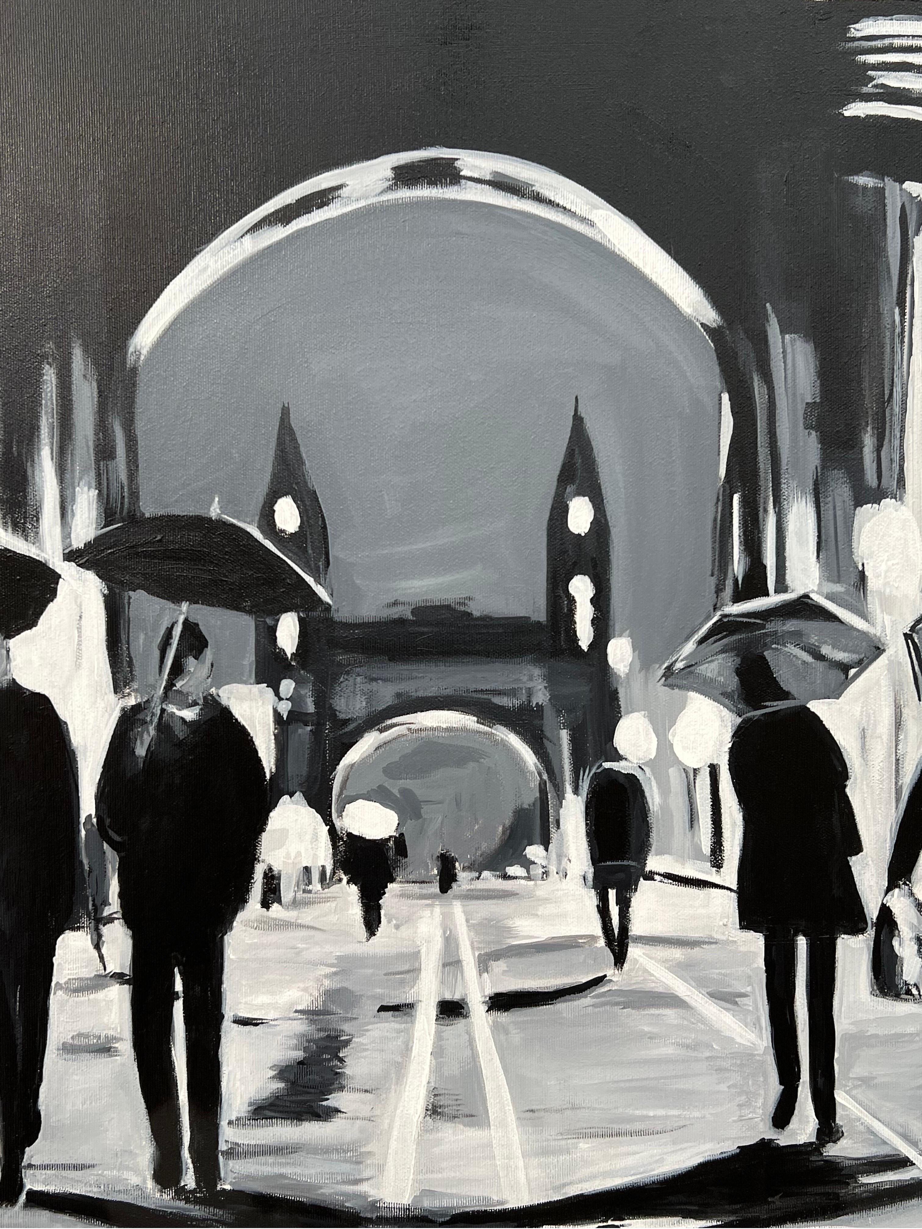 Black & White Painting of Hammersmith Bridge in London by British Urban Artist For Sale 6