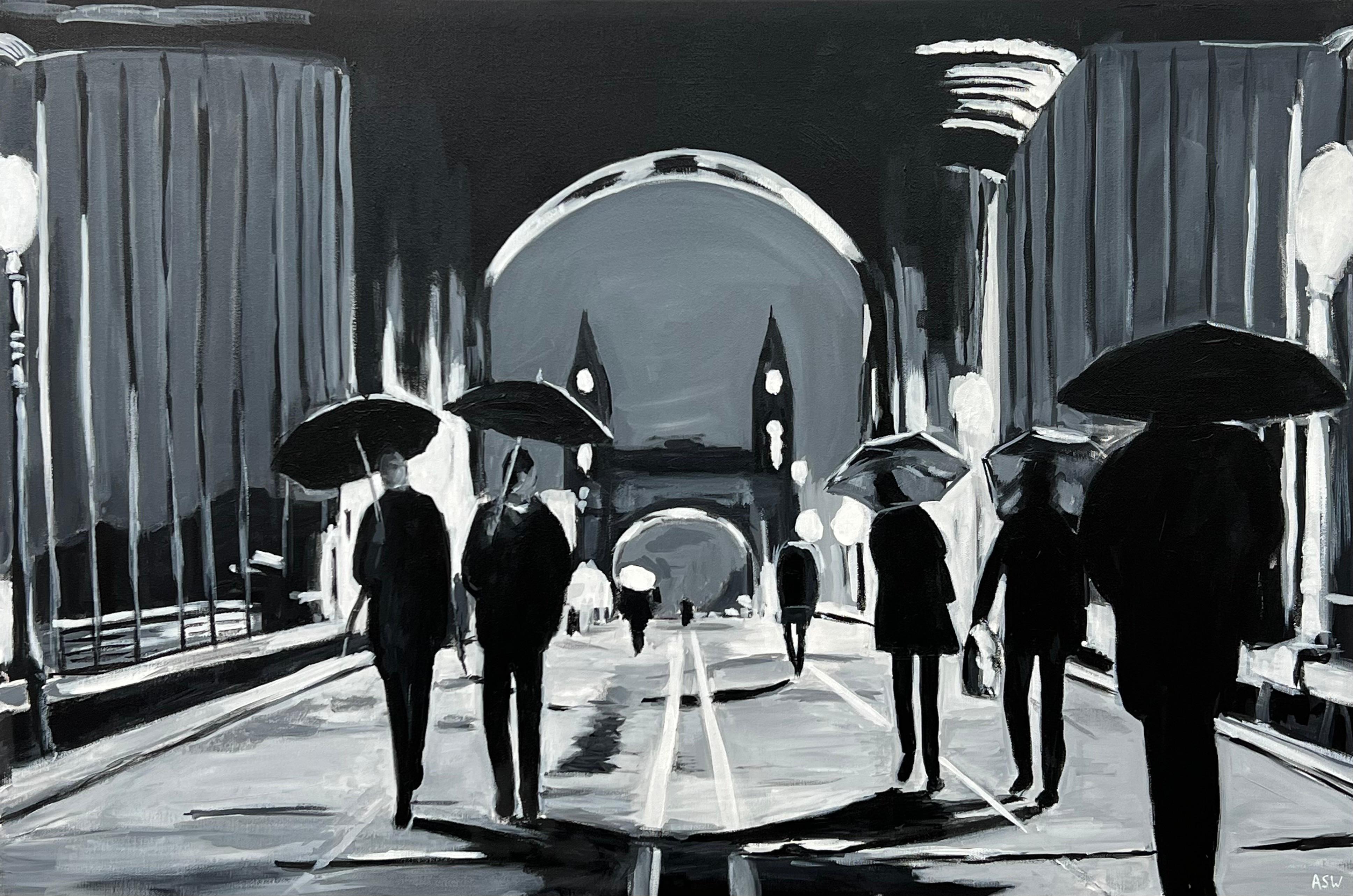 Landscape Painting di Angela Wakefield - Quadro in bianco e nero del ponte di Hammersmith a Londra realizzato da un artista urbano britannico