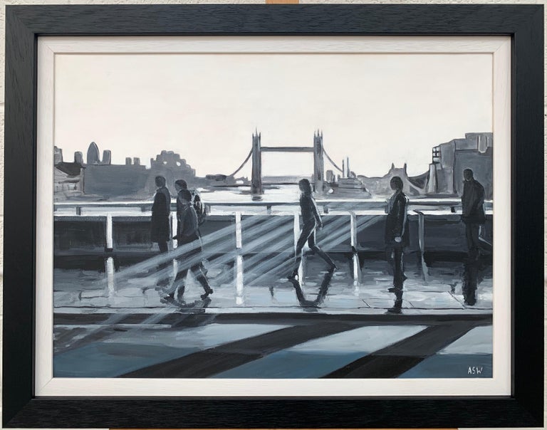Black & White Painting of People in Sunshine on London Bridge with Tower Bridge For Sale 1