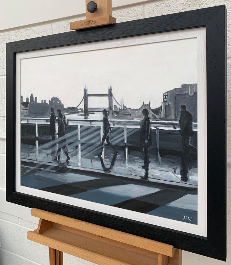 Black & White Painting of People in Sunshine on London Bridge with Tower Bridge For Sale 2