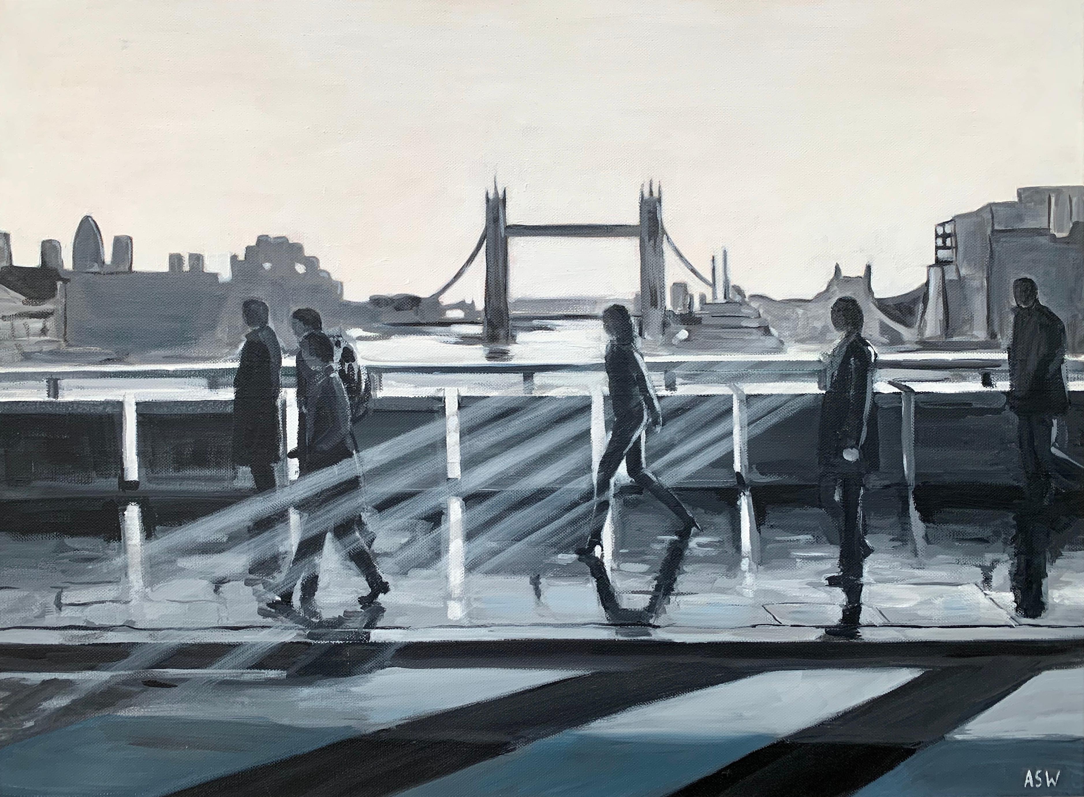 Black & White Painting of People in the Sunshine on London Bridge with Tower Bridge in the background. A unique original from leading British Cityscape Artist, Angela Wakefield. Part of the London Collection. 

Art measures 24 x 18 inches 
Frame