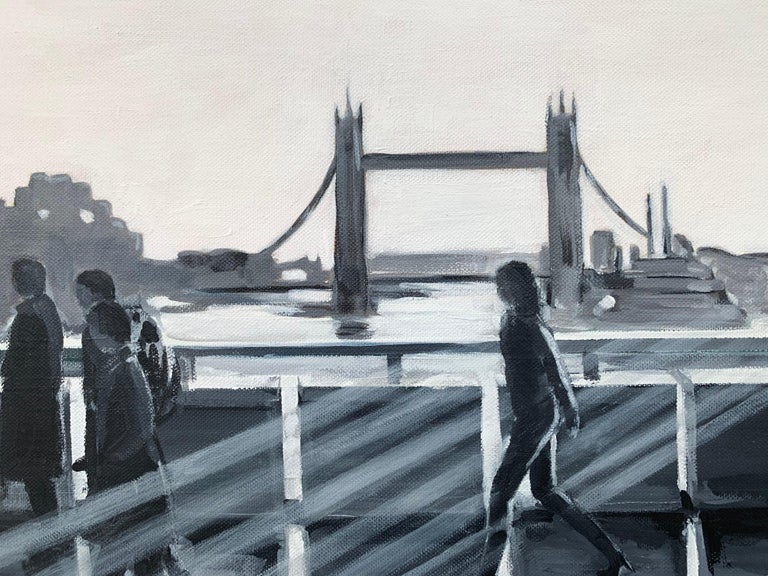 Black & White Painting of People in Sunshine on London Bridge with Tower Bridge For Sale 4