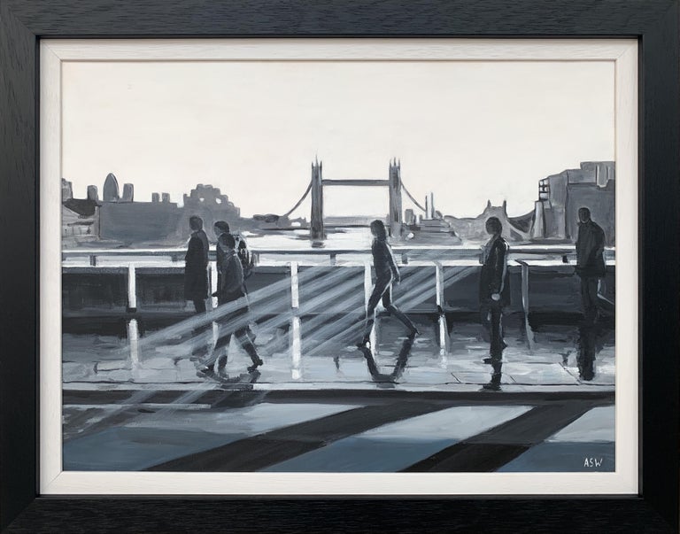 Angela Wakefield Landscape Painting - Black & White Painting of People in Sunshine on London Bridge with Tower Bridge