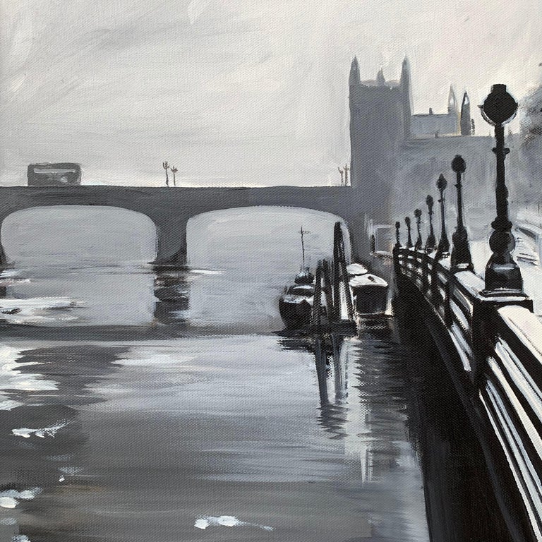 Black & White Painting of Victoria Embankment London by British Urban Artist For Sale 1