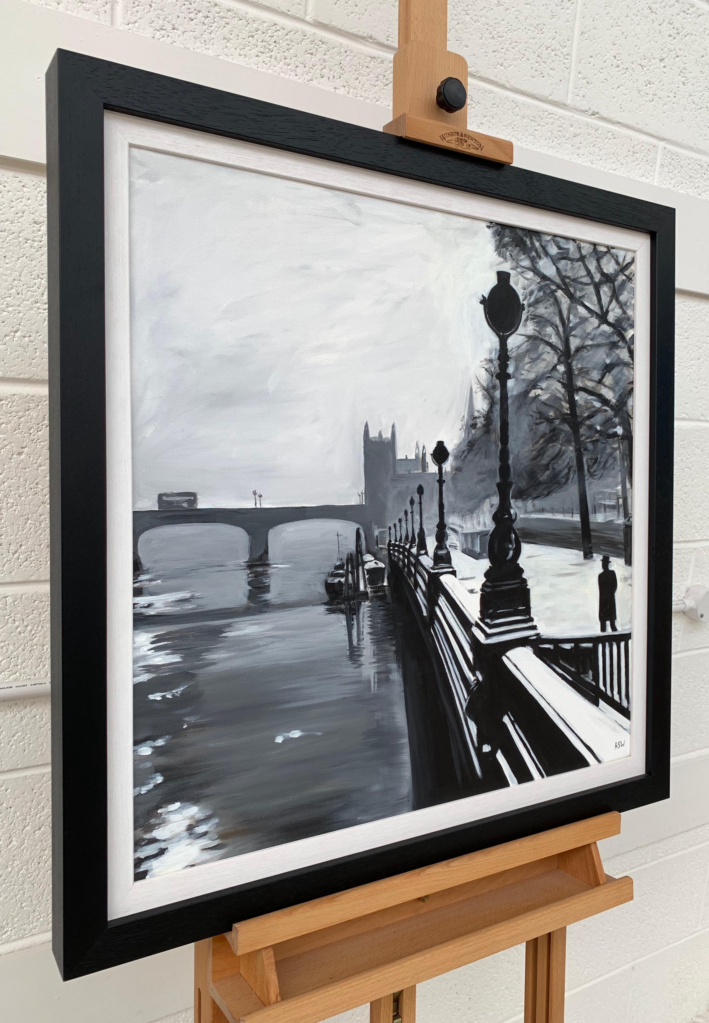 Schwarz-Weiß-Gemälde der Victoria Embankment London des britischen Stadtkünstlers (Moderne), Painting, von Angela Wakefield