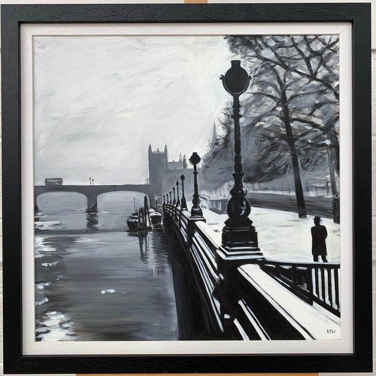 Black & White Painting of Victoria Embankment London by British Urban Artist For Sale 3